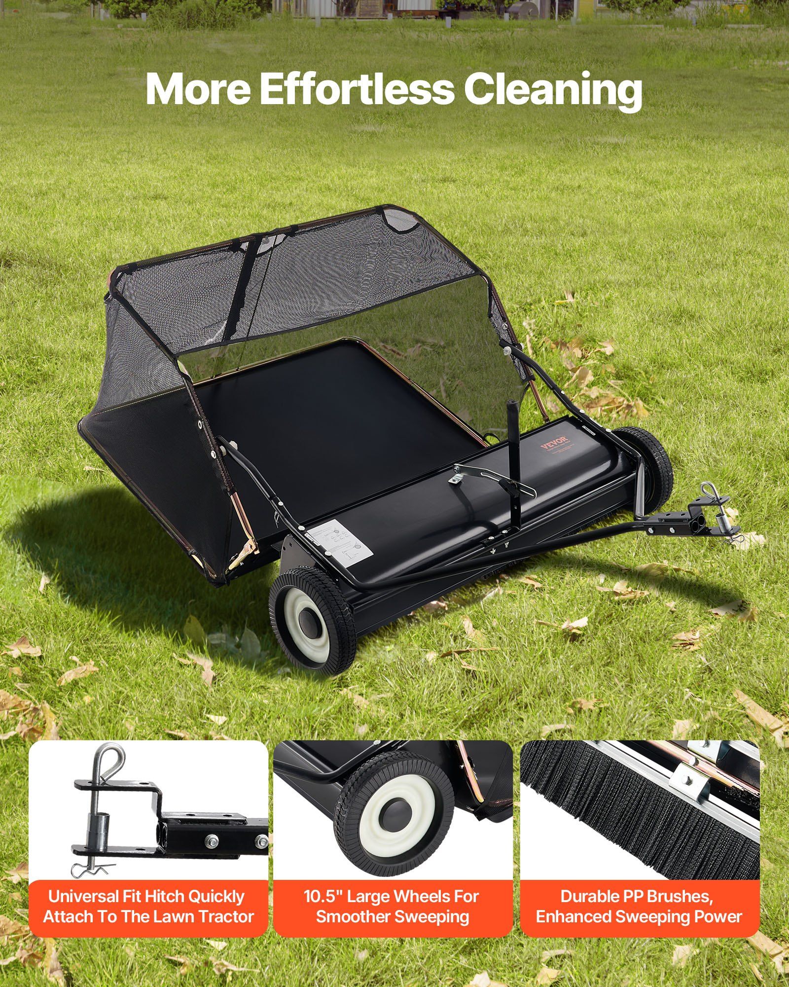 26.7 cm Tow Behind Lawn Sweeper, 26 cu.ft. Large Yard Sweeper, Adjustable Sweeping Height, Heavy Duty Leaf & Grass Collector with Dumping Rope, Pull Behind Sweepers for Debris Grass Clippings - Image 4