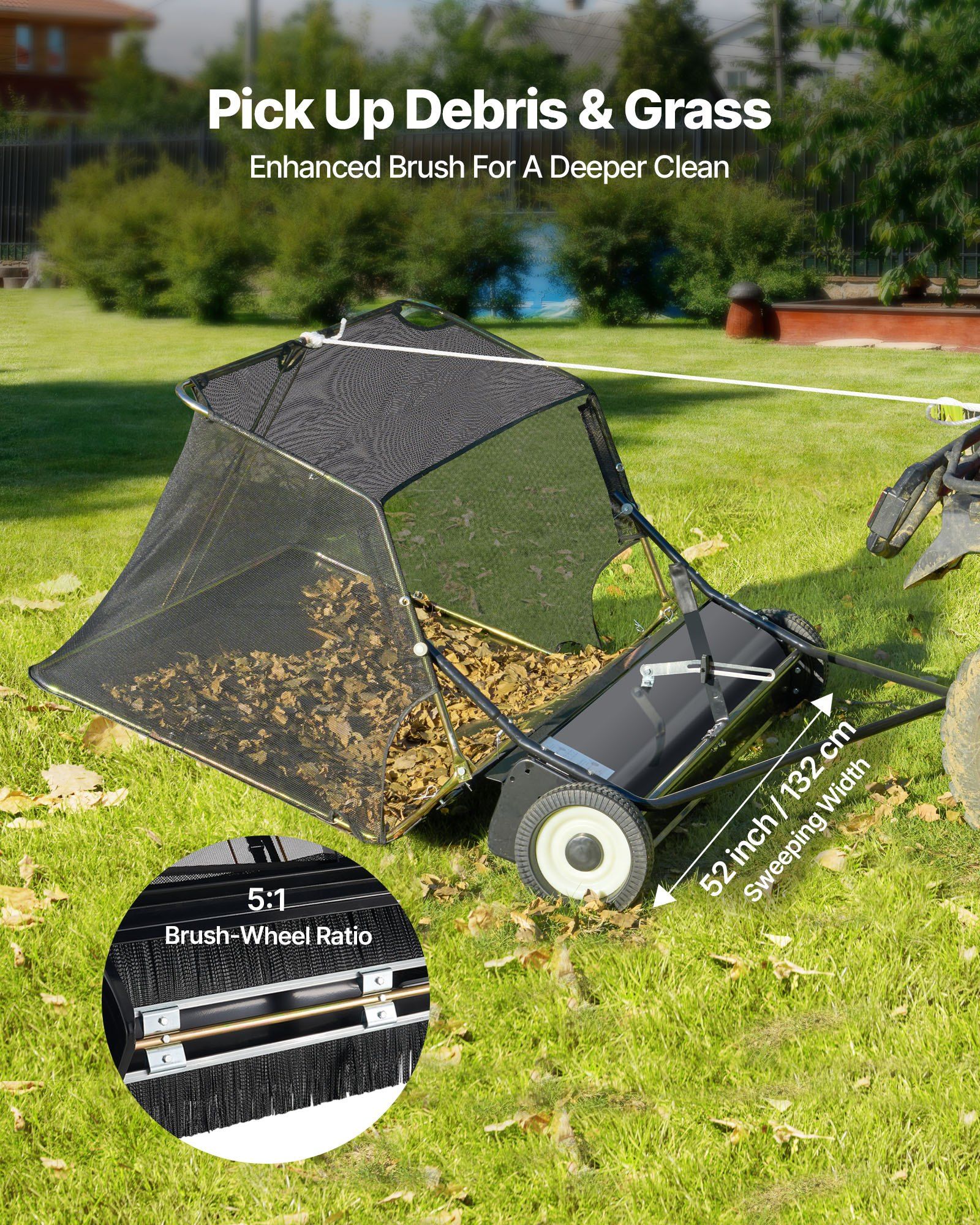 26.7 cm Tow Behind Lawn Sweeper, 26 cu.ft. Large Yard Sweeper, Adjustable Sweeping Height, Heavy Duty Leaf & Grass Collector with Dumping Rope, Pull Behind Sweepers for Debris Grass Clippings - Image 5