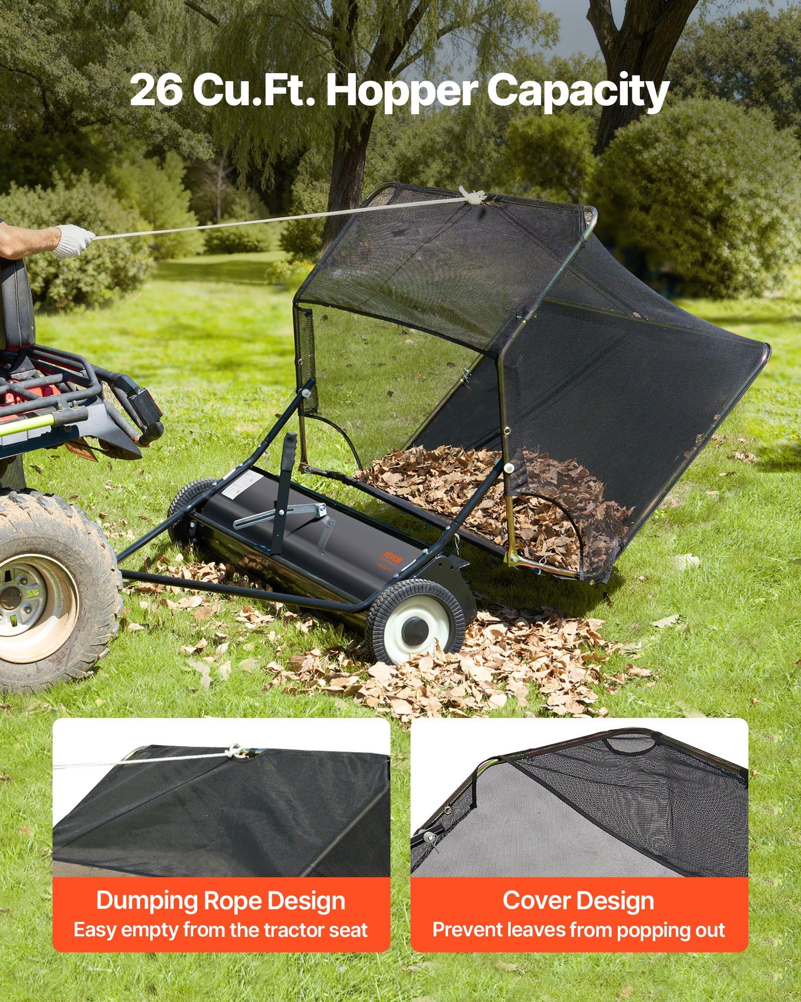 26.7 cm Tow Behind Lawn Sweeper, 26 cu.ft. Large Yard Sweeper, Adjustable Sweeping Height, Heavy Duty Leaf & Grass Collector with Dumping Rope, Pull Behind Sweepers for Debris Grass Clippings - Image 6