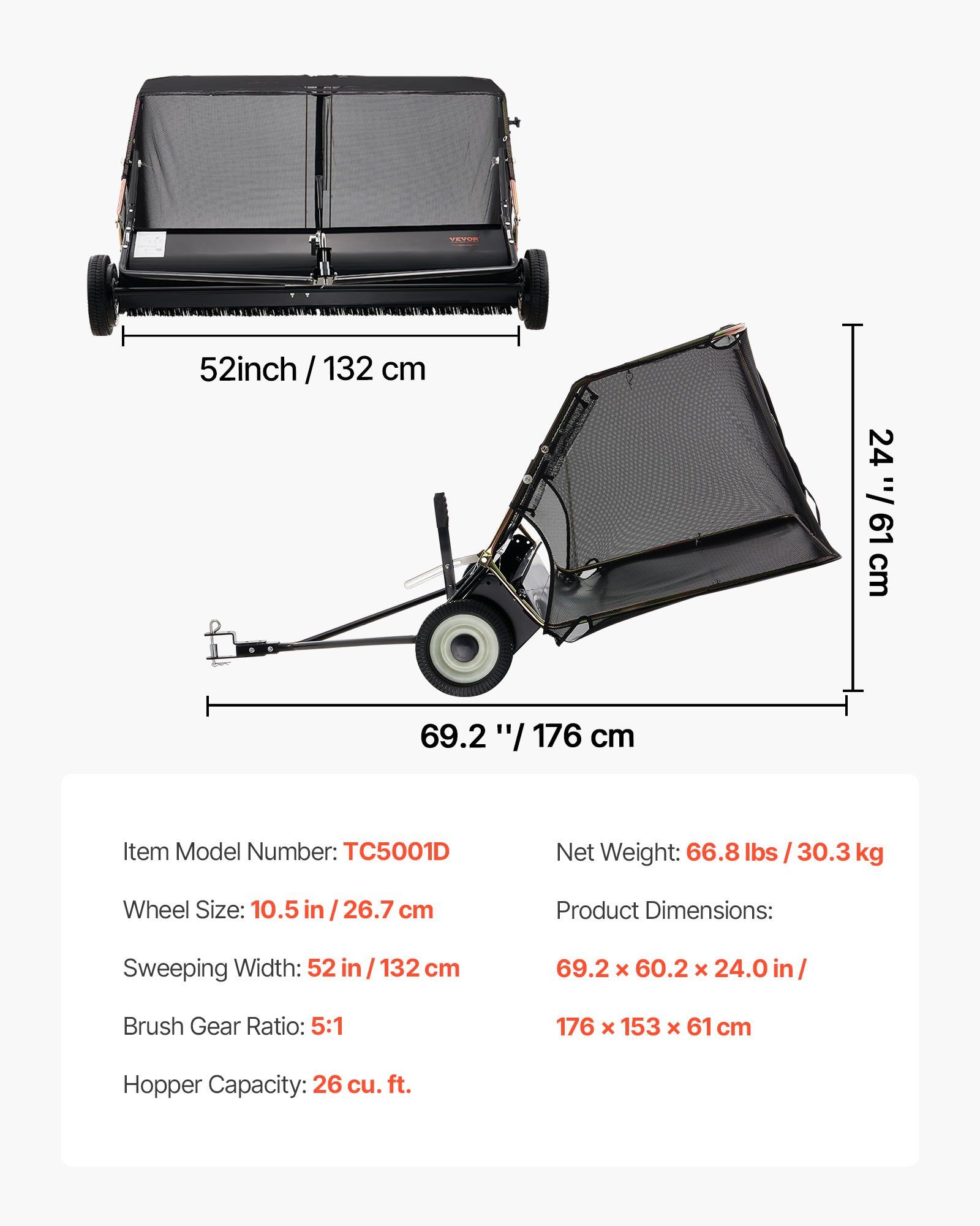 26.7 cm Tow Behind Lawn Sweeper, 26 cu.ft. Large Yard Sweeper, Adjustable Sweeping Height, Heavy Duty Leaf & Grass Collector with Dumping Rope, Pull Behind Sweepers for Debris Grass Clippings - Image 7