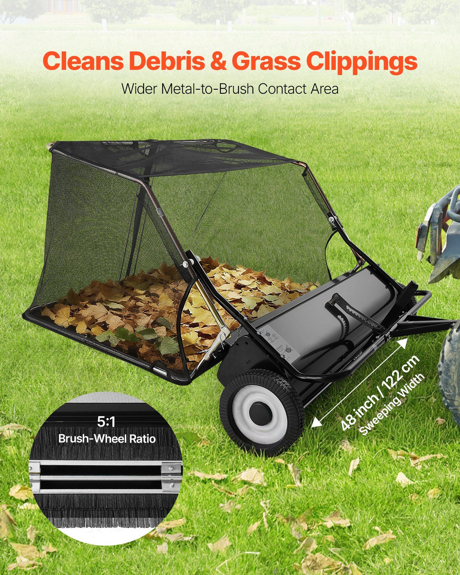 Tow Behind Lawn Sweeper, 122cm Pull Behind Yard Sweeper, 26 cu. ft Hopper Bag Capacity, Leaf & Grass Collector with Dumping Rope, Adjustable Sweeping Height, Garden Sweepers for Lawn Farm - Image 3