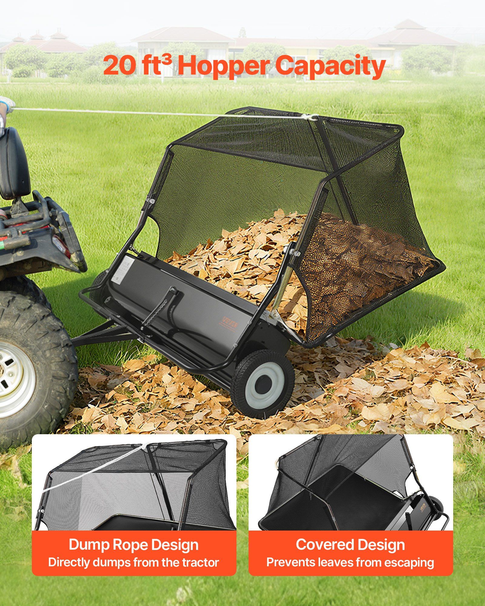 Tow Behind Lawn Sweeper, 122cm Pull Behind Yard Sweeper, 26 cu. ft Hopper Bag Capacity, Leaf & Grass Collector with Dumping Rope, Adjustable Sweeping Height, Garden Sweepers for Lawn Farm - Image 4
