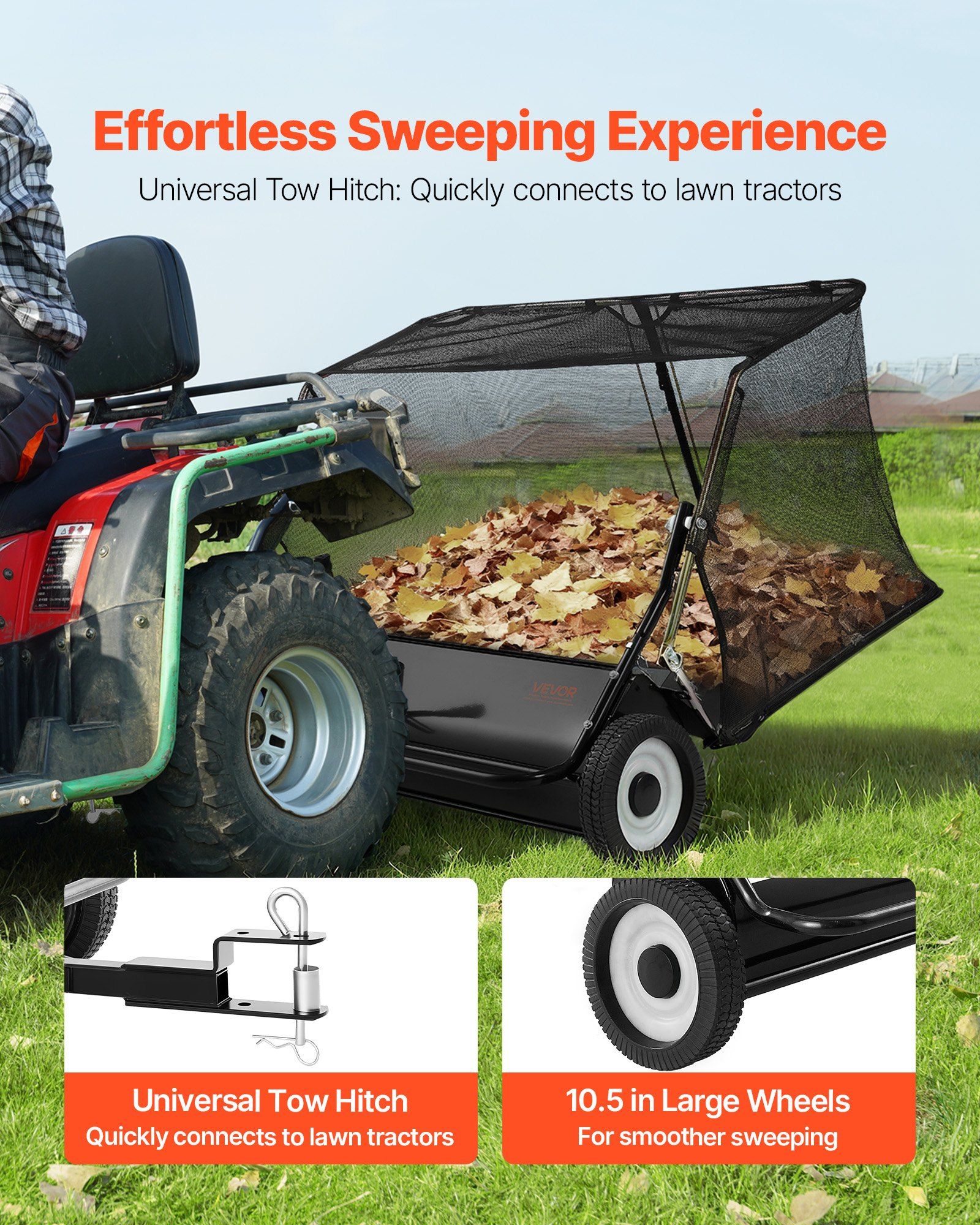Tow Behind Lawn Sweeper, 122cm Pull Behind Yard Sweeper, 26 cu. ft Hopper Bag Capacity, Leaf & Grass Collector with Dumping Rope, Adjustable Sweeping Height, Garden Sweepers for Lawn Farm - Image 6