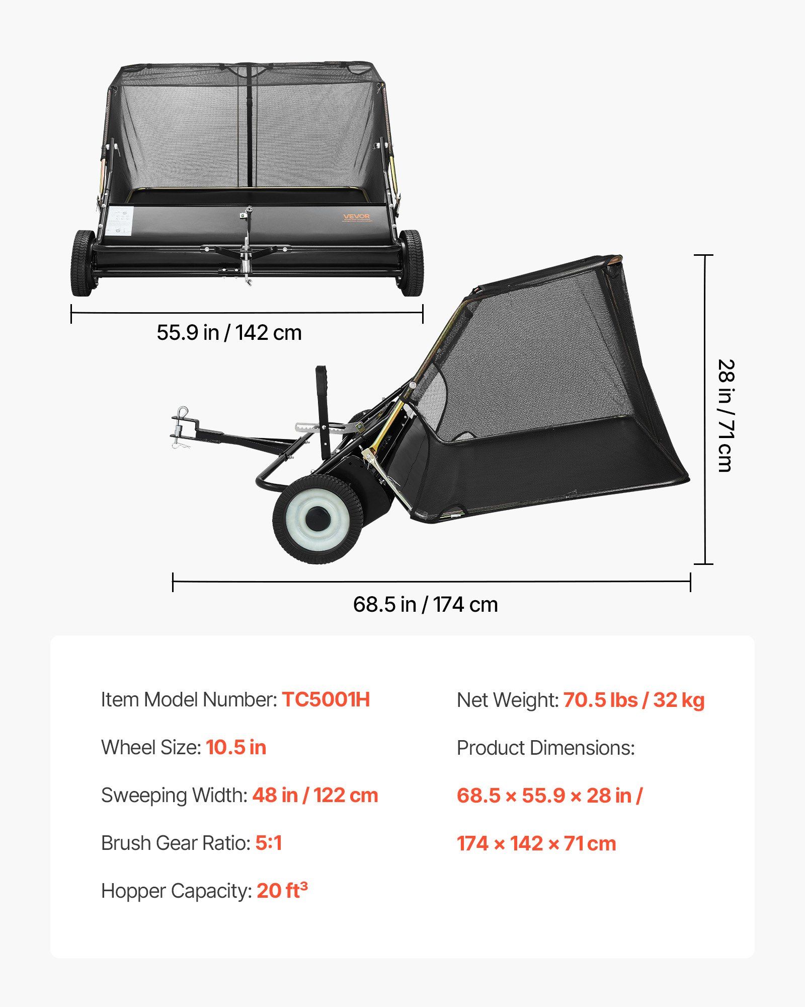 Tow Behind Lawn Sweeper, 122cm Pull Behind Yard Sweeper, 26 cu. ft Hopper Bag Capacity, Leaf & Grass Collector with Dumping Rope, Adjustable Sweeping Height, Garden Sweepers for Lawn Farm - Image 7