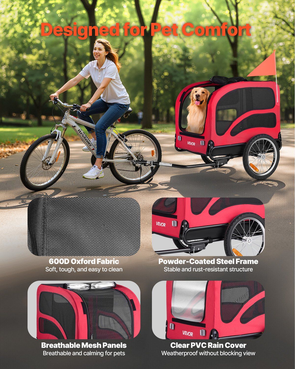 Dog Bike Trailer, Supports up to 45 kg, Pet Cart Bicycle Carrier for Small & Large Dogs, Easy Folding Frame with Quick Release Wheel, Universal Bicycle Coupler, Reflector, Flag, Internal Leash - Image 4