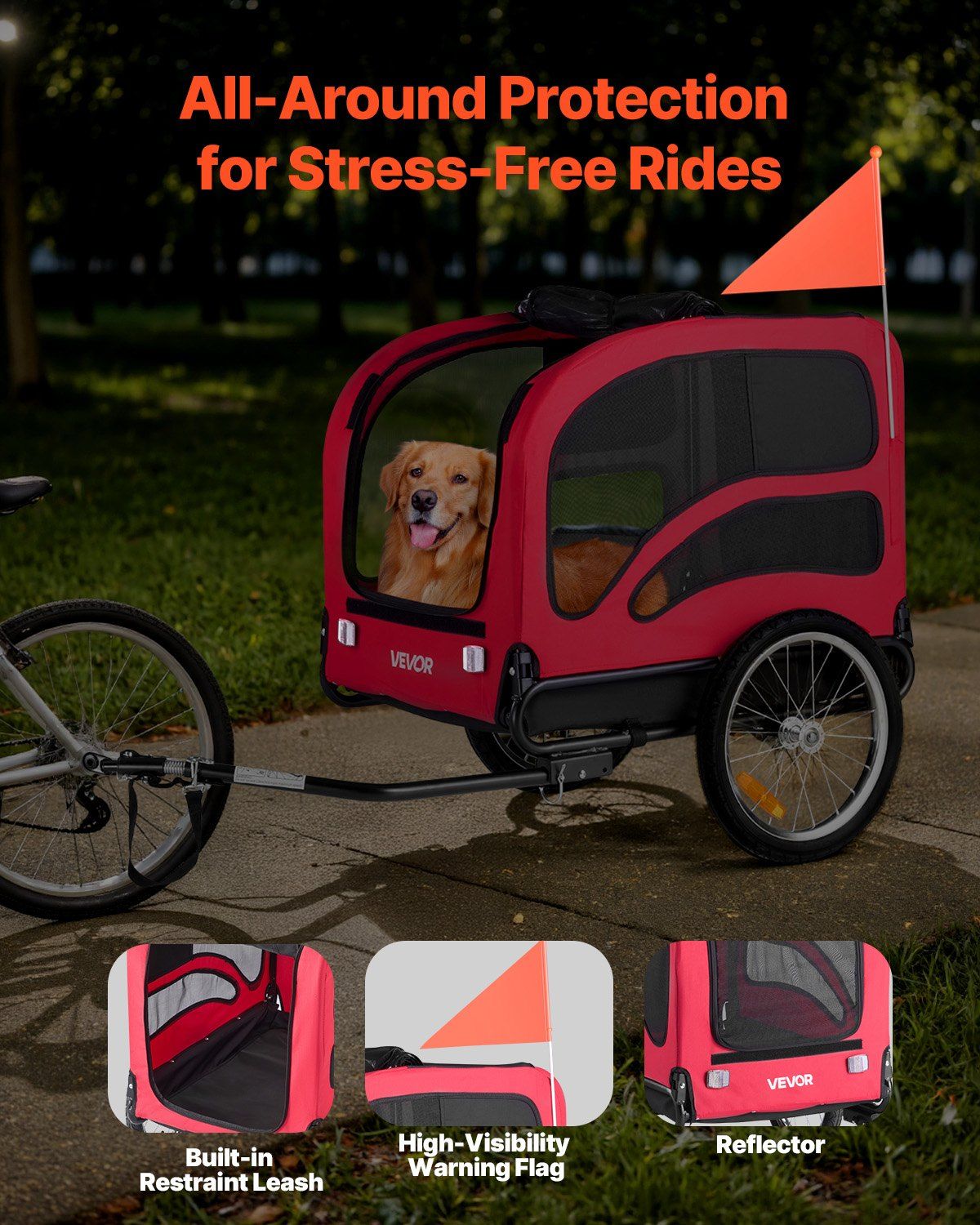 Dog Bike Trailer, Supports up to 45 kg, Pet Cart Bicycle Carrier for Small & Large Dogs, Easy Folding Frame with Quick Release Wheel, Universal Bicycle Coupler, Reflector, Flag, Internal Leash - Image 5