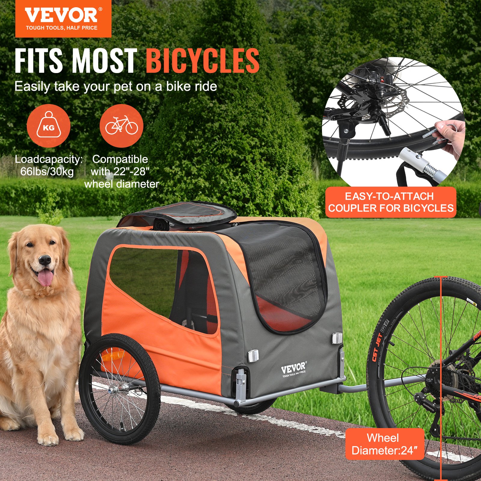 Dog Bike Trailer, Supports up to 30 kg, Pet Cart Bicycle Carrier, Easy Folding Frame with Quick Release Wheels, Universal Bicycle Coupler, Reflectors, Flag, Collapsible to Store, Orange/Gray - Image 2