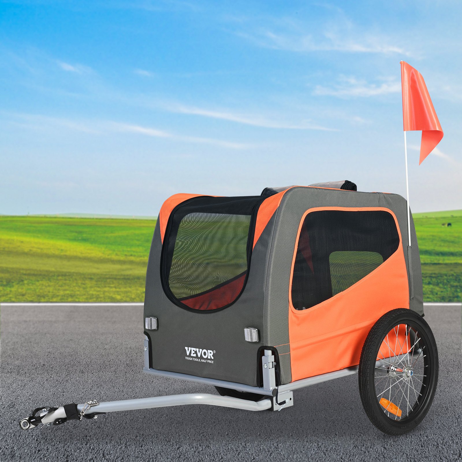 Dog Bike Trailer, Supports up to 30 kg, Pet Cart Bicycle Carrier, Easy Folding Frame with Quick Release Wheels, Universal Bicycle Coupler, Reflectors, Flag, Collapsible to Store, Orange/Gray - Image 8