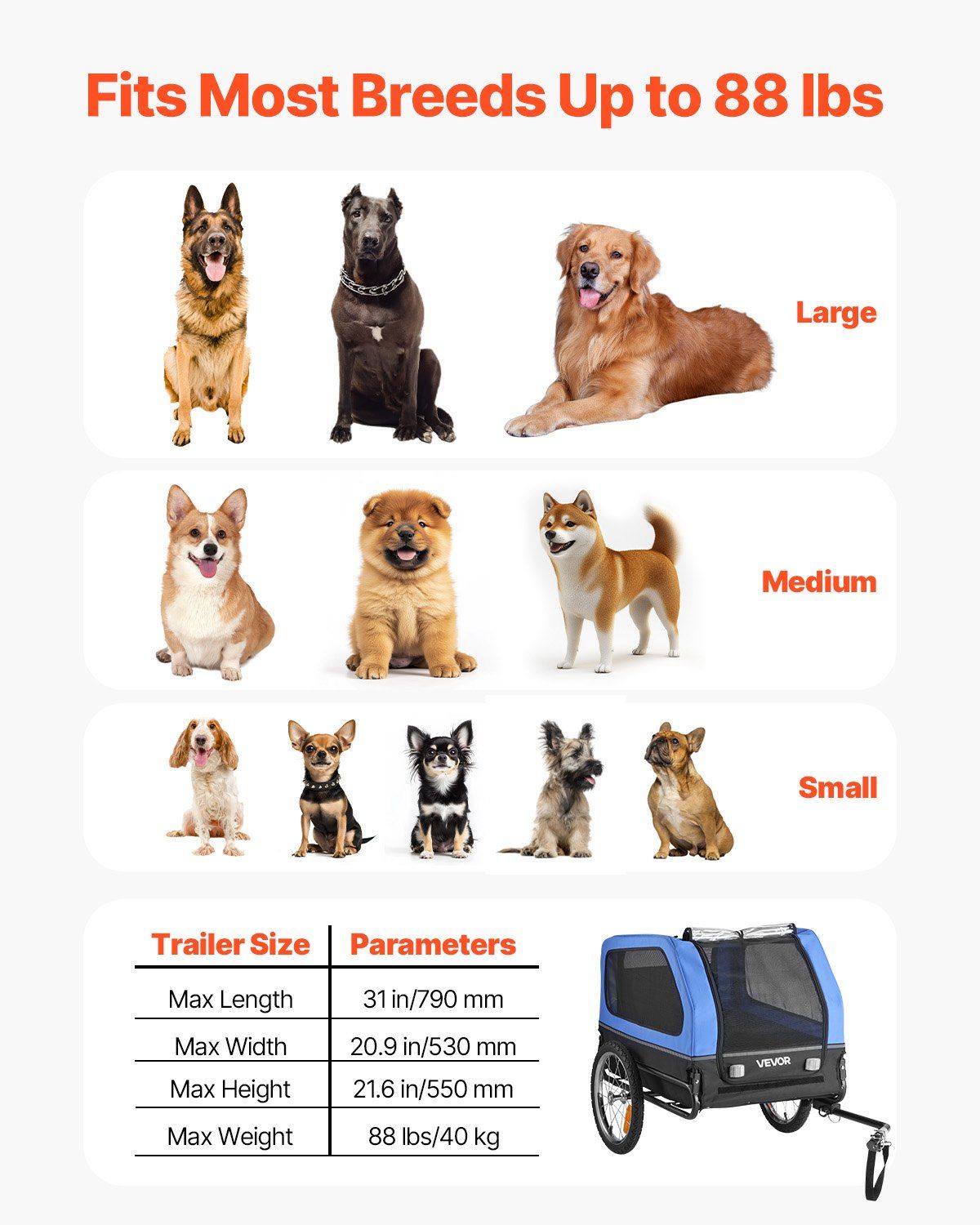 Dog Bike Trailer, Supports up to 40 kg, Pet Cart Bicycle Carrier for Small & Large Dogs, Easy Folding Frame with Quick Release Wheel, Universal Bicycle Coupler, Reflector, Flag, Internal Leash - Image 3