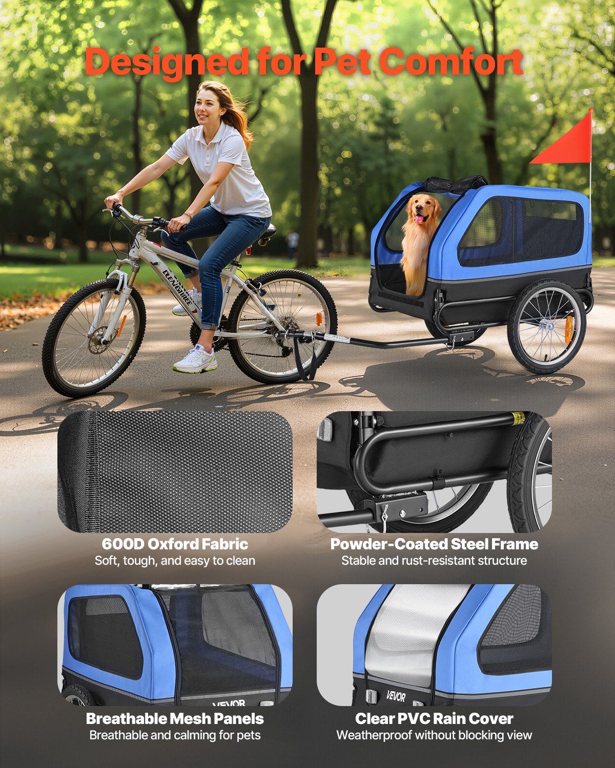 Dog Bike Trailer, Supports up to 40 kg, Pet Cart Bicycle Carrier for Small & Large Dogs, Easy Folding Frame with Quick Release Wheel, Universal Bicycle Coupler, Reflector, Flag, Internal Leash - Image 4