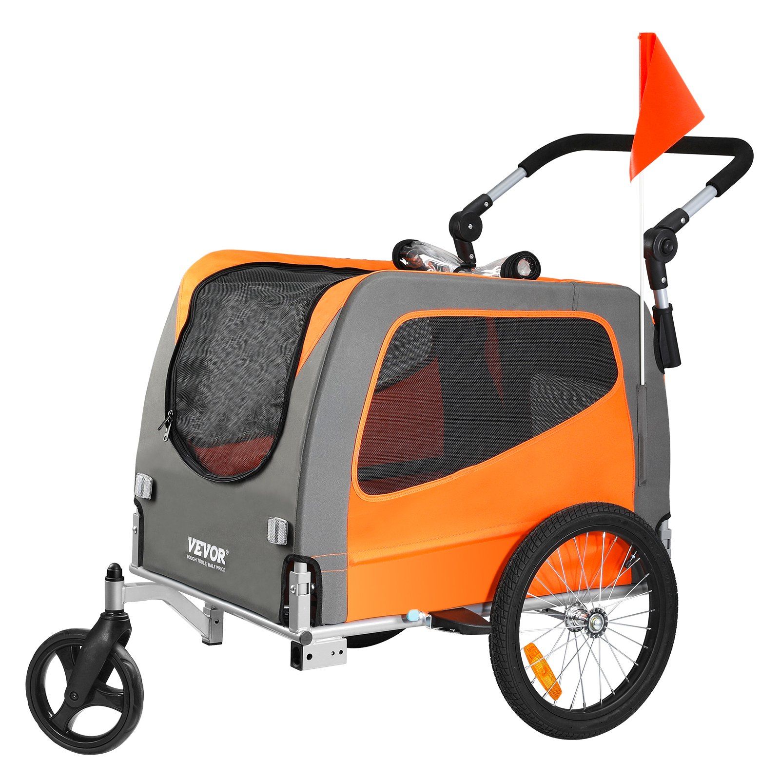 Dog Bike Trailer, Supports up to 30 kg, 2-in-1 Pet Stroller Cart Bicycle Carrier, Easy Folding Cart Frame with Quick Release Wheels, Universal Bicycle Coupler, Reflectors, Flag, Orange/Gray - Image 1