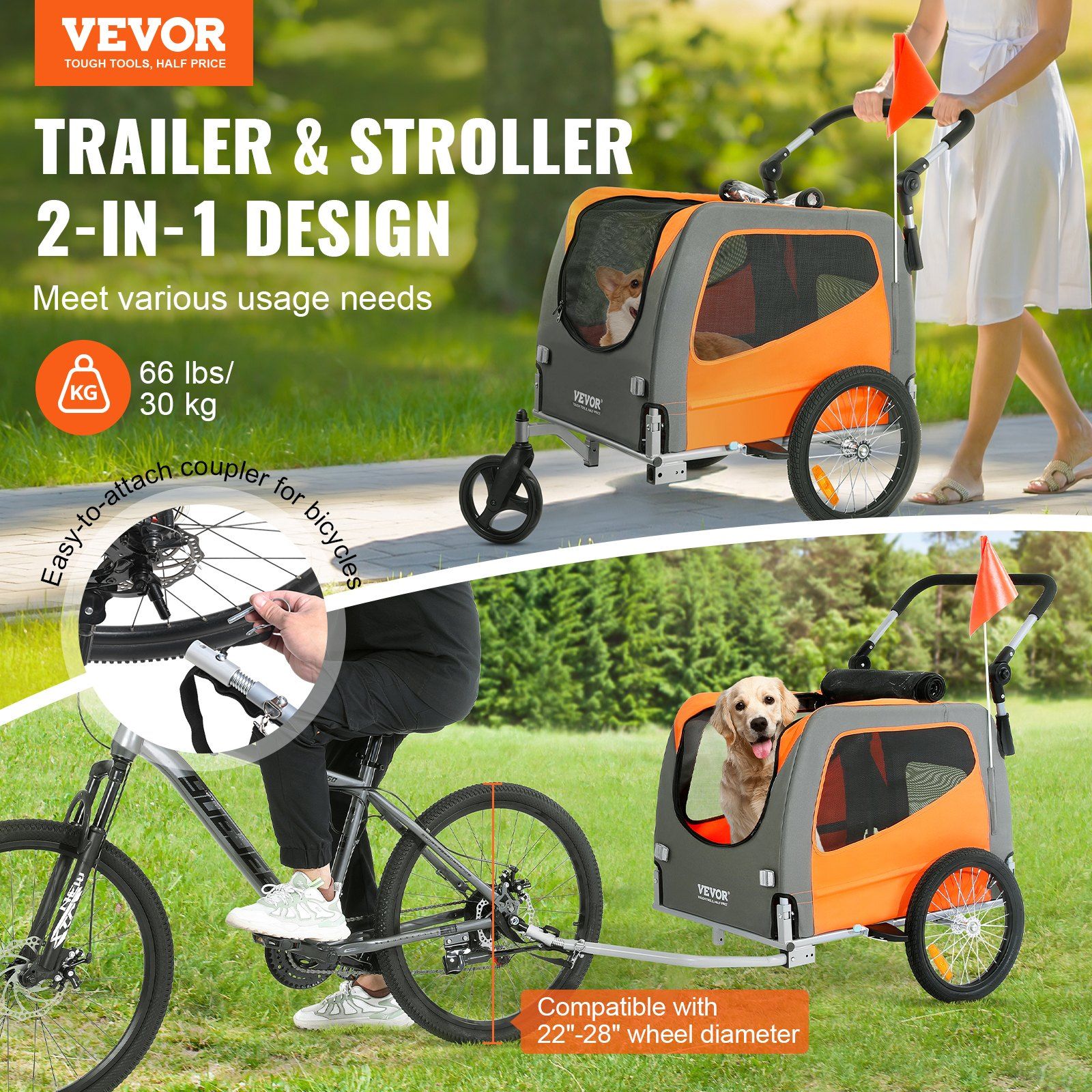 Dog Bike Trailer, Supports up to 30 kg, 2-in-1 Pet Stroller Cart Bicycle Carrier, Easy Folding Cart Frame with Quick Release Wheels, Universal Bicycle Coupler, Reflectors, Flag, Orange/Gray - Image 2