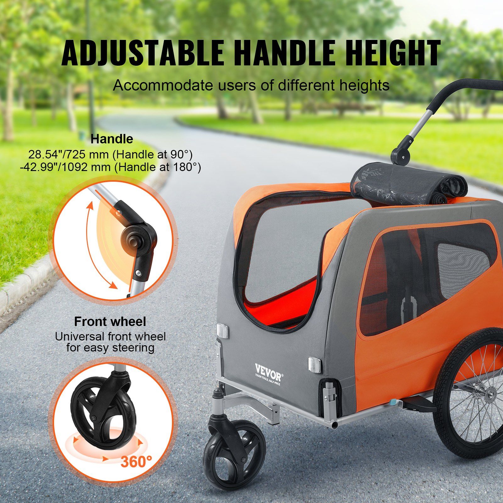 Dog Bike Trailer, Supports up to 30 kg, 2-in-1 Pet Stroller Cart Bicycle Carrier, Easy Folding Cart Frame with Quick Release Wheels, Universal Bicycle Coupler, Reflectors, Flag, Orange/Gray - Image 3
