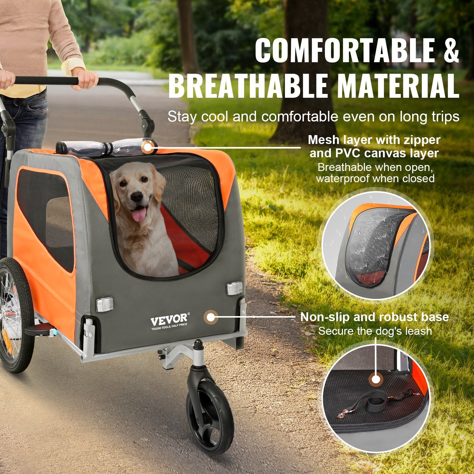 Dog Bike Trailer, Supports up to 30 kg, 2-in-1 Pet Stroller Cart Bicycle Carrier, Easy Folding Cart Frame with Quick Release Wheels, Universal Bicycle Coupler, Reflectors, Flag, Orange/Gray - Image 4