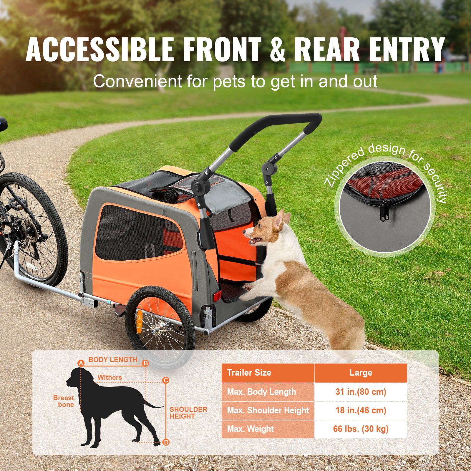 Dog Bike Trailer, Supports up to 30 kg, 2-in-1 Pet Stroller Cart Bicycle Carrier, Easy Folding Cart Frame with Quick Release Wheels, Universal Bicycle Coupler, Reflectors, Flag, Orange/Gray - Image 5
