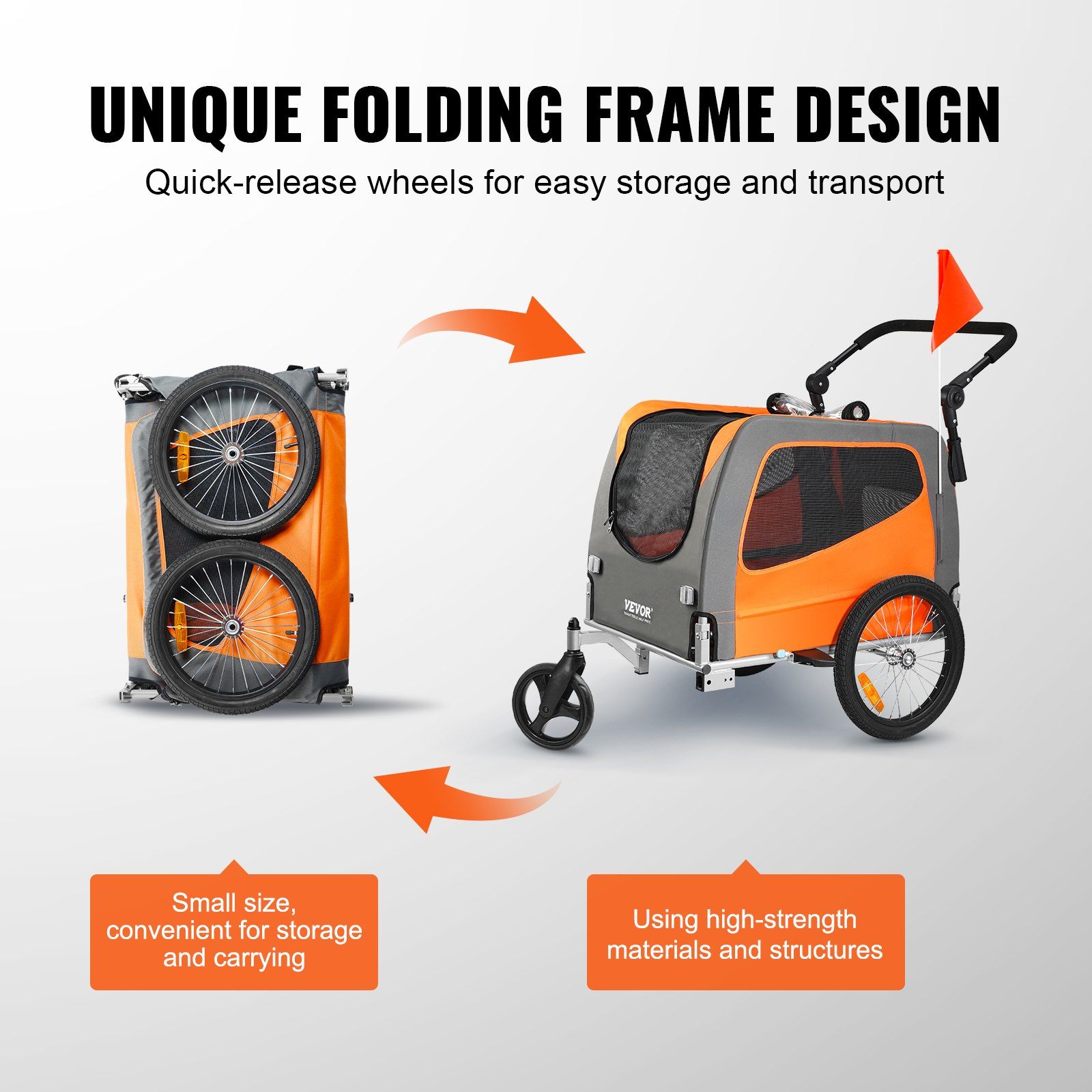 Dog Bike Trailer, Supports up to 30 kg, 2-in-1 Pet Stroller Cart Bicycle Carrier, Easy Folding Cart Frame with Quick Release Wheels, Universal Bicycle Coupler, Reflectors, Flag, Orange/Gray - Image 6