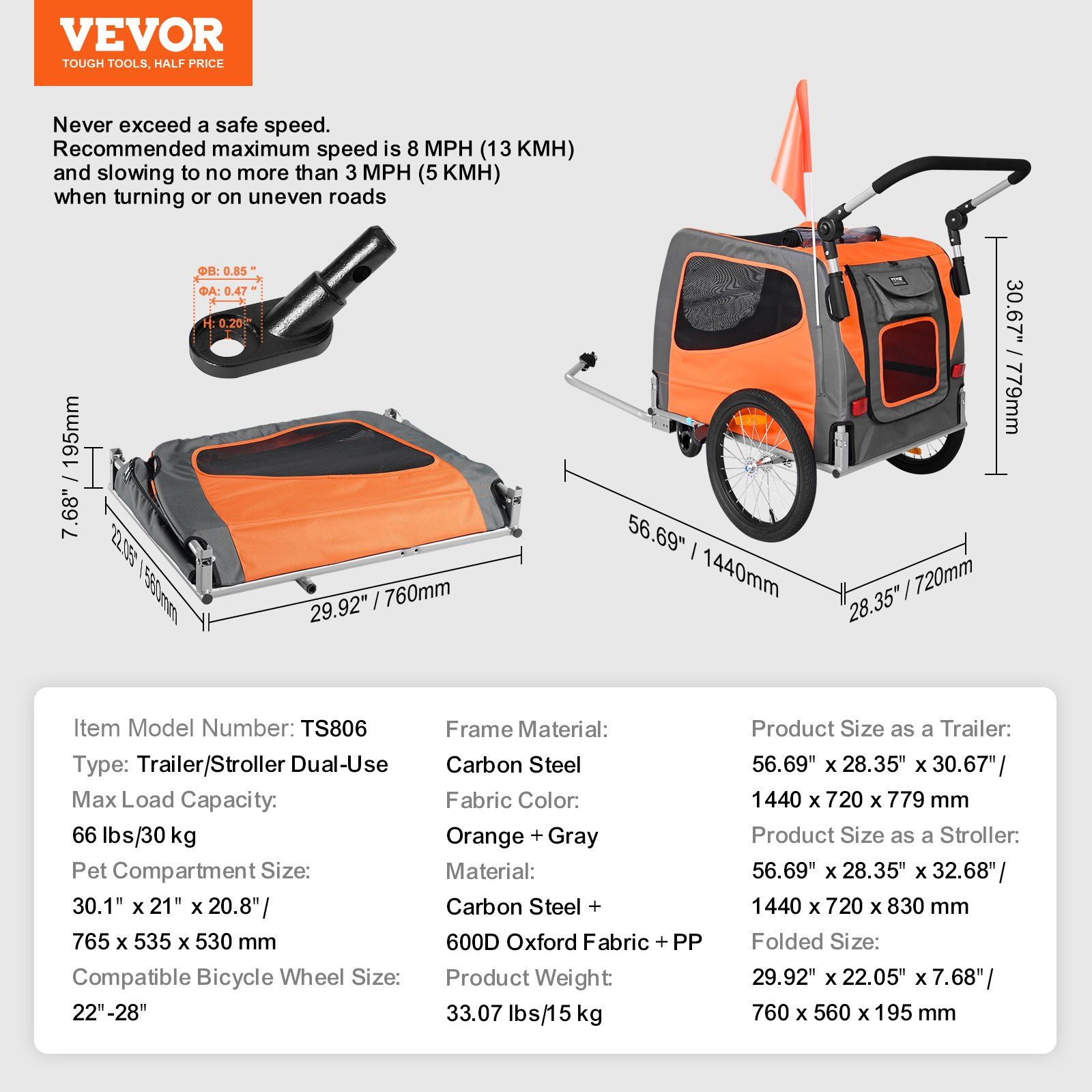Dog Bike Trailer, Supports up to 30 kg, 2-in-1 Pet Stroller Cart Bicycle Carrier, Easy Folding Cart Frame with Quick Release Wheels, Universal Bicycle Coupler, Reflectors, Flag, Orange/Gray - Image 7
