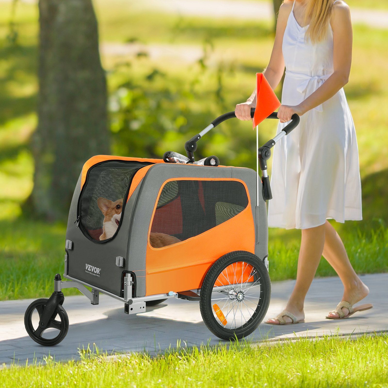 Dog Bike Trailer, Supports up to 30 kg, 2-in-1 Pet Stroller Cart Bicycle Carrier, Easy Folding Cart Frame with Quick Release Wheels, Universal Bicycle Coupler, Reflectors, Flag, Orange/Gray - Image 8