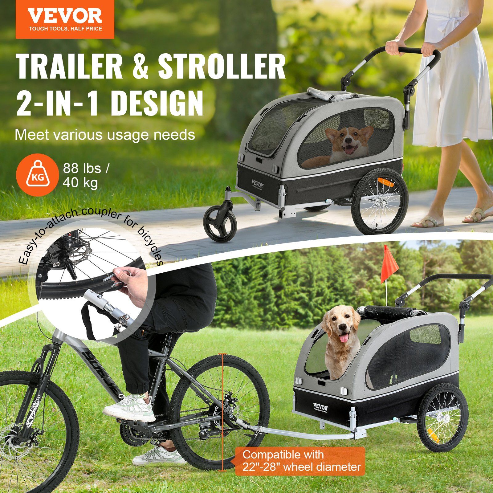 Dog Bike Trailer, Supports up to 40 kg, 2-in-1 Pet Stroller Cart Bicycle Carrier, Easy Folding Cart Frame with Quick Release Wheels, Universal Bicycle Coupler, Reflectors, Flag, Black/Gray - Image 2