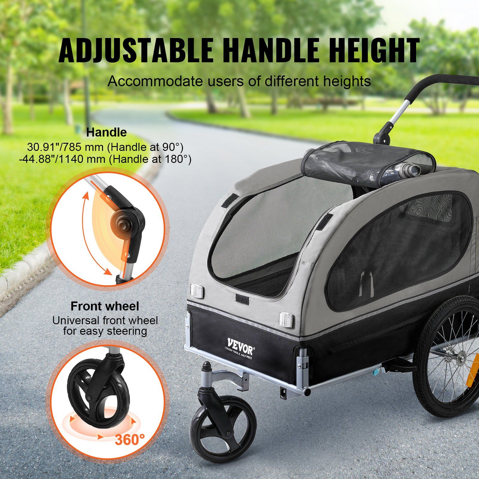 Dog Bike Trailer, Supports up to 40 kg, 2-in-1 Pet Stroller Cart Bicycle Carrier, Easy Folding Cart Frame with Quick Release Wheels, Universal Bicycle Coupler, Reflectors, Flag, Black/Gray - Image 3