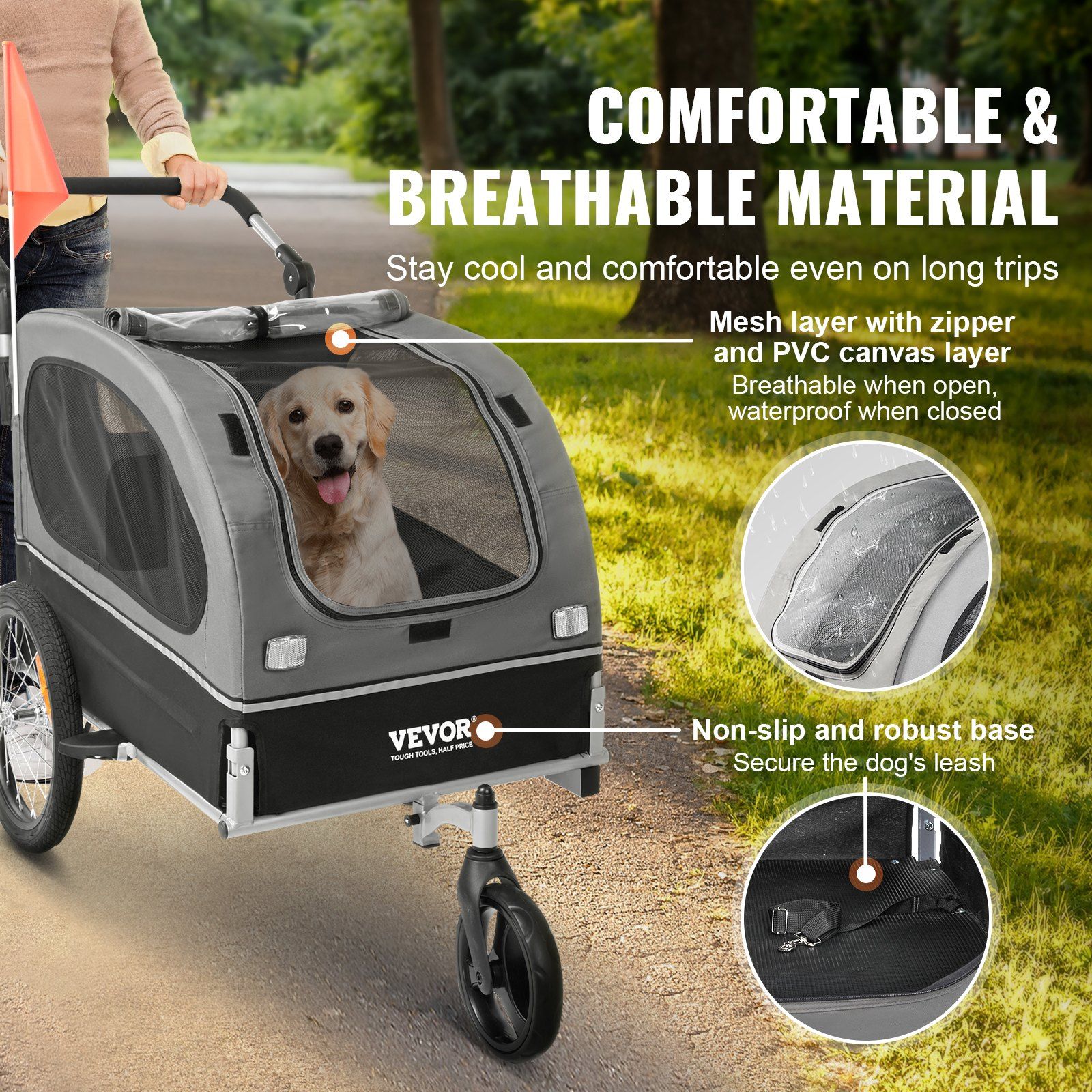 Dog Bike Trailer, Supports up to 40 kg, 2-in-1 Pet Stroller Cart Bicycle Carrier, Easy Folding Cart Frame with Quick Release Wheels, Universal Bicycle Coupler, Reflectors, Flag, Black/Gray - Image 4