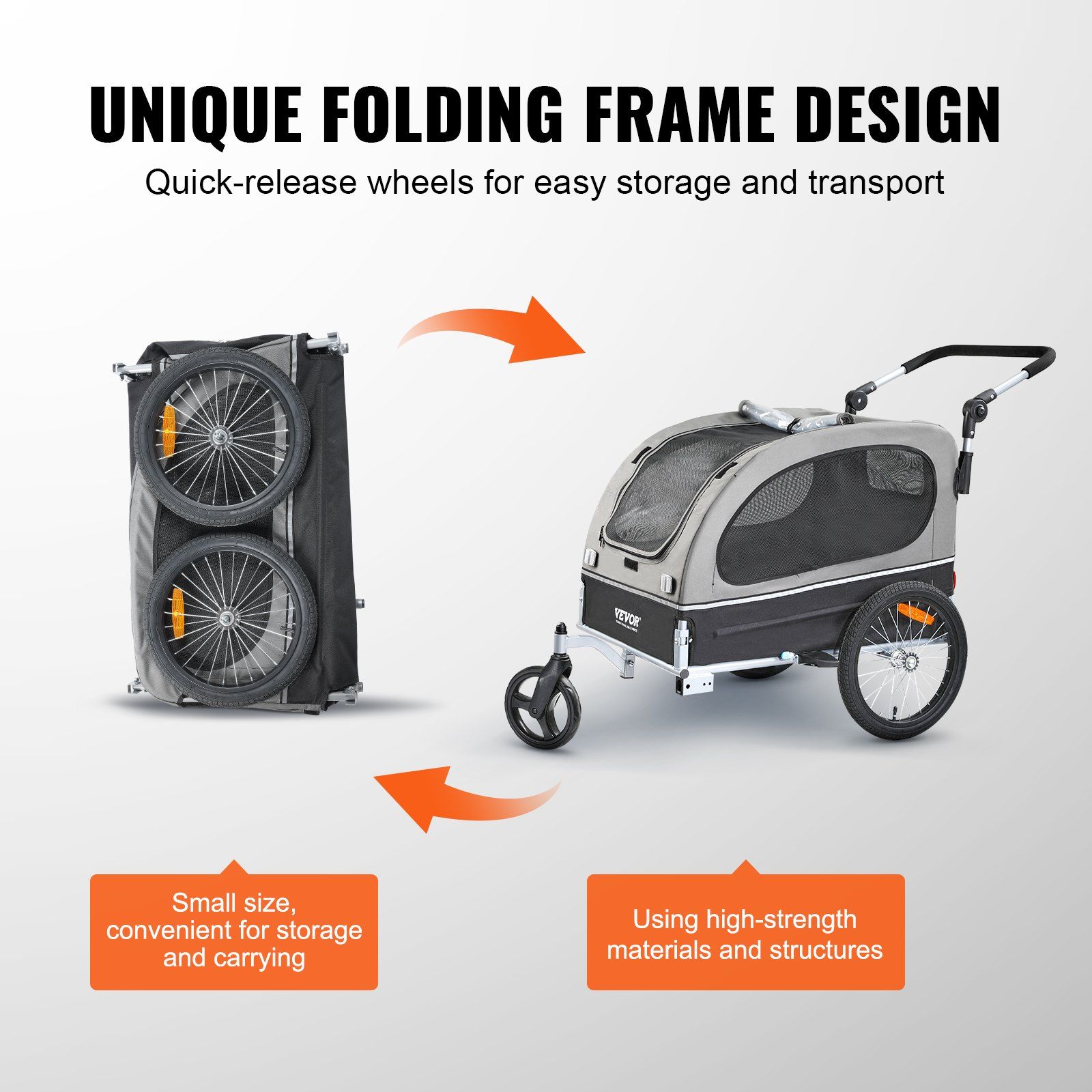 Dog Bike Trailer, Supports up to 40 kg, 2-in-1 Pet Stroller Cart Bicycle Carrier, Easy Folding Cart Frame with Quick Release Wheels, Universal Bicycle Coupler, Reflectors, Flag, Black/Gray - Image 6