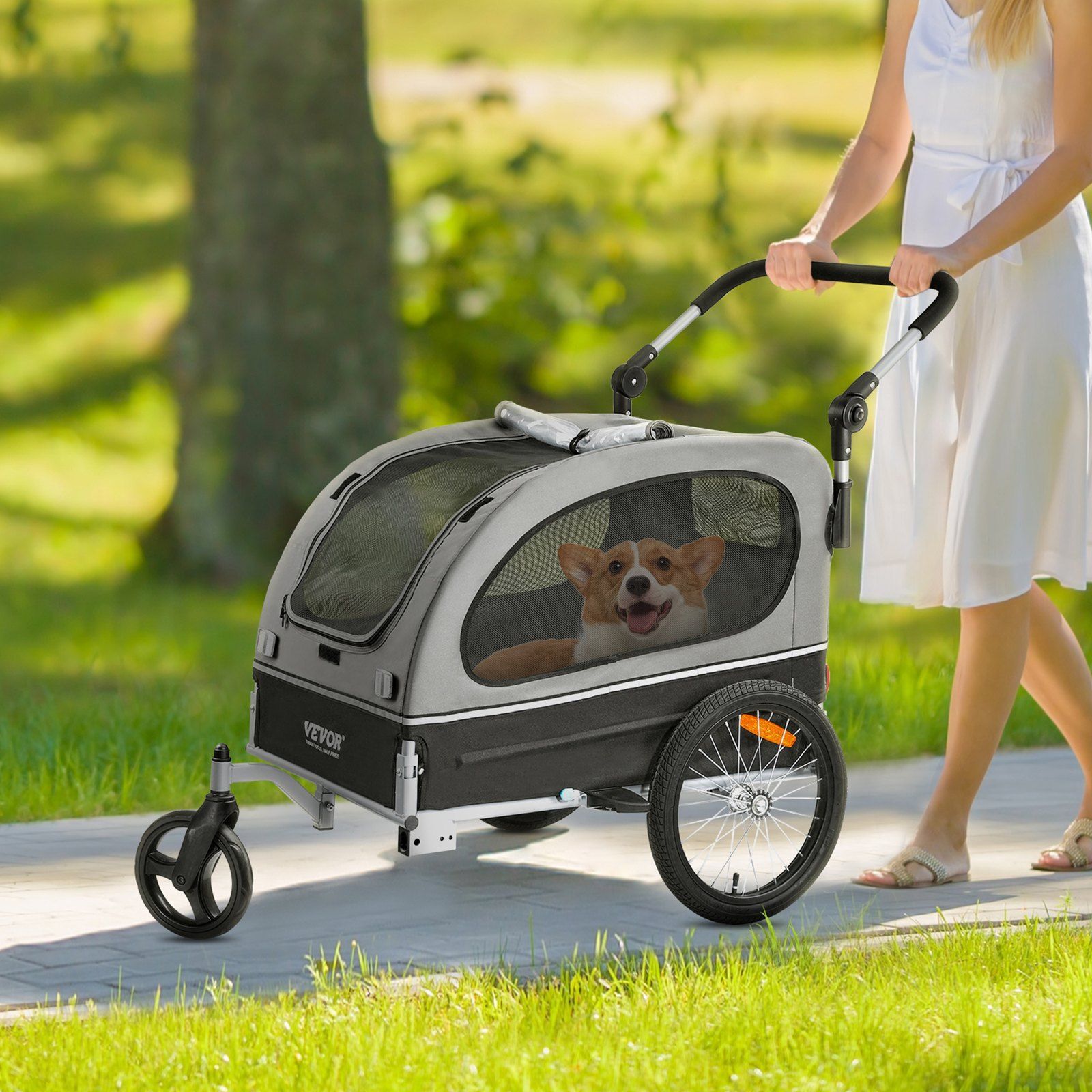 Dog Bike Trailer, Supports up to 40 kg, 2-in-1 Pet Stroller Cart Bicycle Carrier, Easy Folding Cart Frame with Quick Release Wheels, Universal Bicycle Coupler, Reflectors, Flag, Black/Gray - Image 8