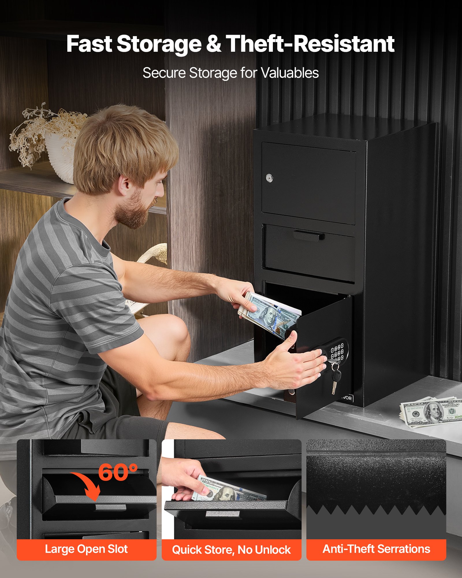 3.6 Cubic Feet Drop Safe, Large Capacity Front Drop Slot Safe Box with Digital Keypad, Heavy Duty 3 Tiers Cash Depository Box with Spare Keys for Cash, Bank Slip, Jewelry, Document, Bill, Black - Image 2