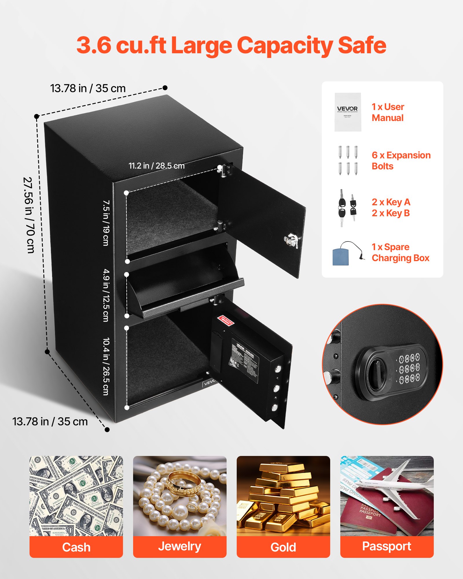 3.6 Cubic Feet Drop Safe, Large Capacity Front Drop Slot Safe Box with Digital Keypad, Heavy Duty 3 Tiers Cash Depository Box with Spare Keys for Cash, Bank Slip, Jewelry, Document, Bill, Black - Image 3