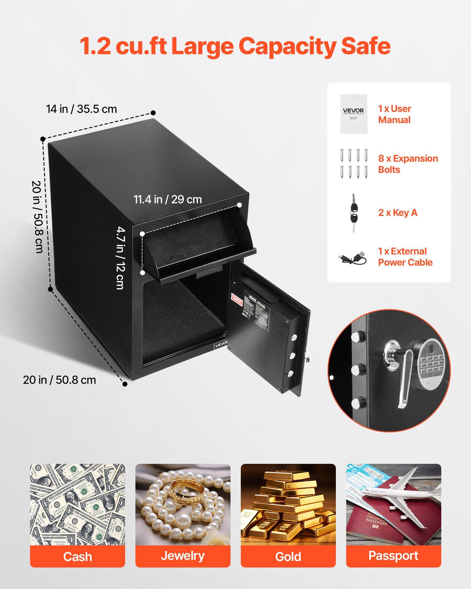 1.2 Cubic Feet Drop Safe, Large Capacity Front Drop Slot Safe Box with Digital Keypad, Heavy Duty 2 Tiers Cash Depository Box with Spare Keys for Cash, Bank Slip, Jewelry, Document, Bill, Black - Image 3