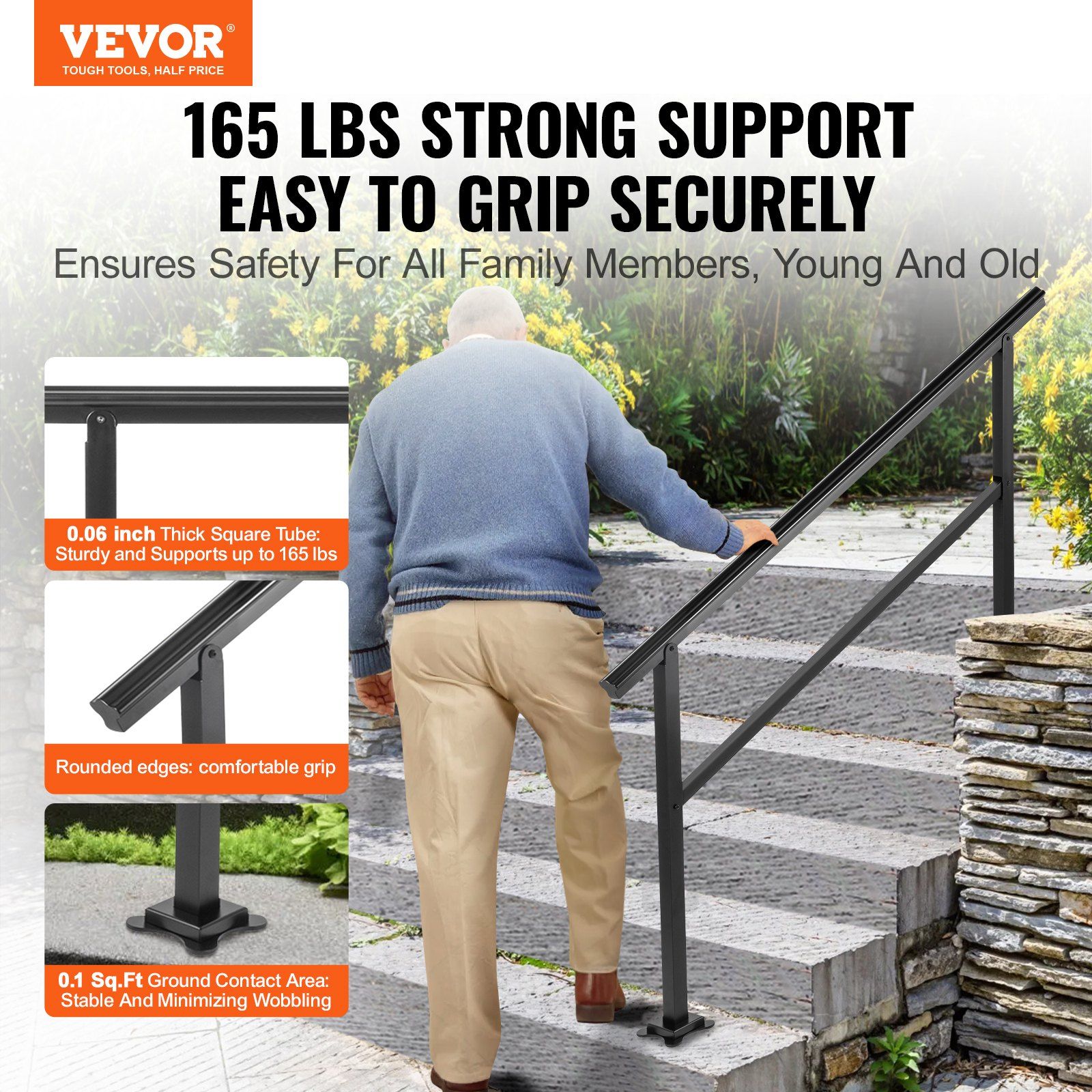 Outdoor Handrail 165LBS Load Handrail Outdoor Stairs Aluminum Stair Handrail 152 x 89.5 cm Outdoor Stair Railing Transitional Range from 0 to 30° Staircase Handrail Fits 4-5 Steps with Screw Kit - Image 2