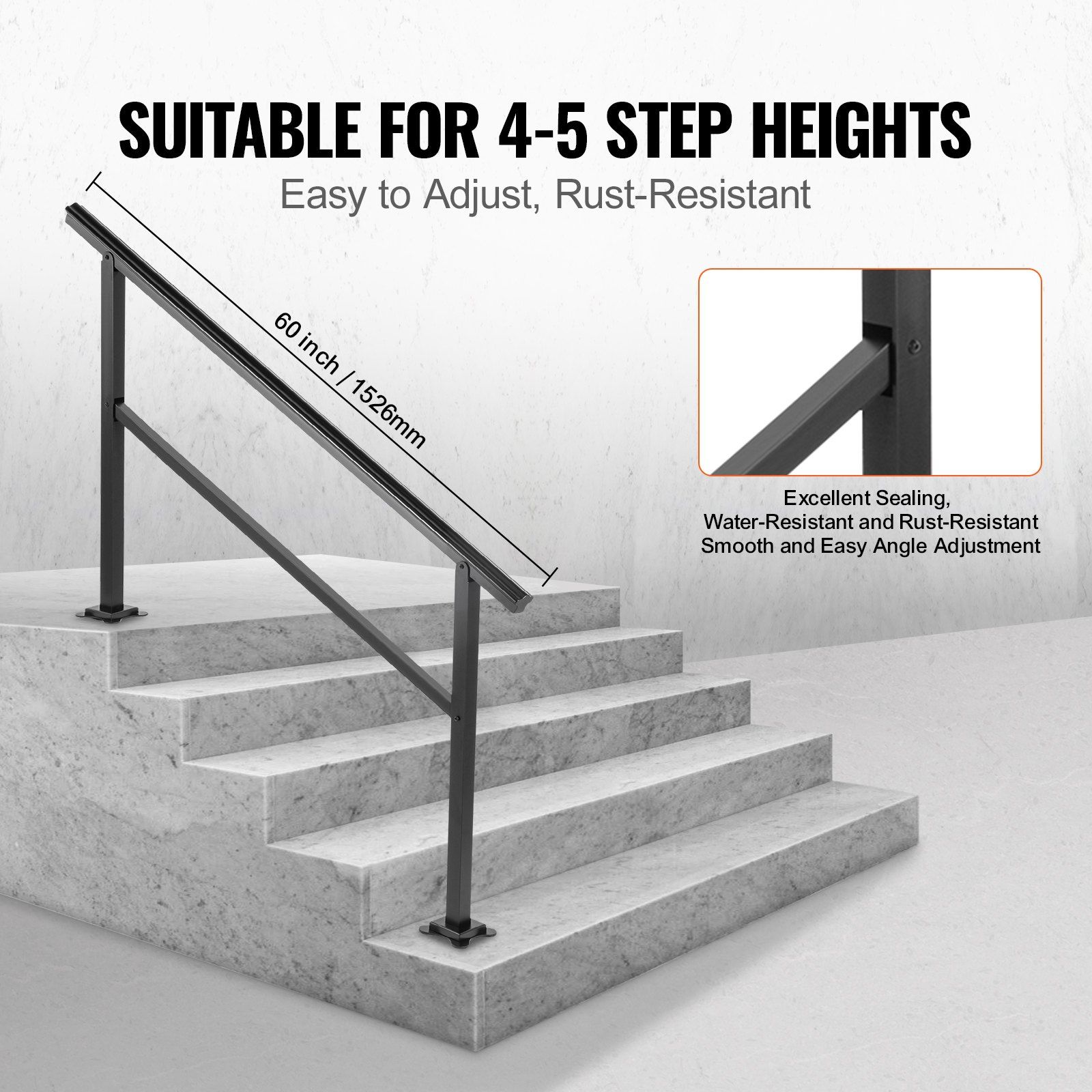 Outdoor Handrail 165LBS Load Handrail Outdoor Stairs Aluminum Stair Handrail 152 x 89.5 cm Outdoor Stair Railing Transitional Range from 0 to 30° Staircase Handrail Fits 4-5 Steps with Screw Kit - Image 3