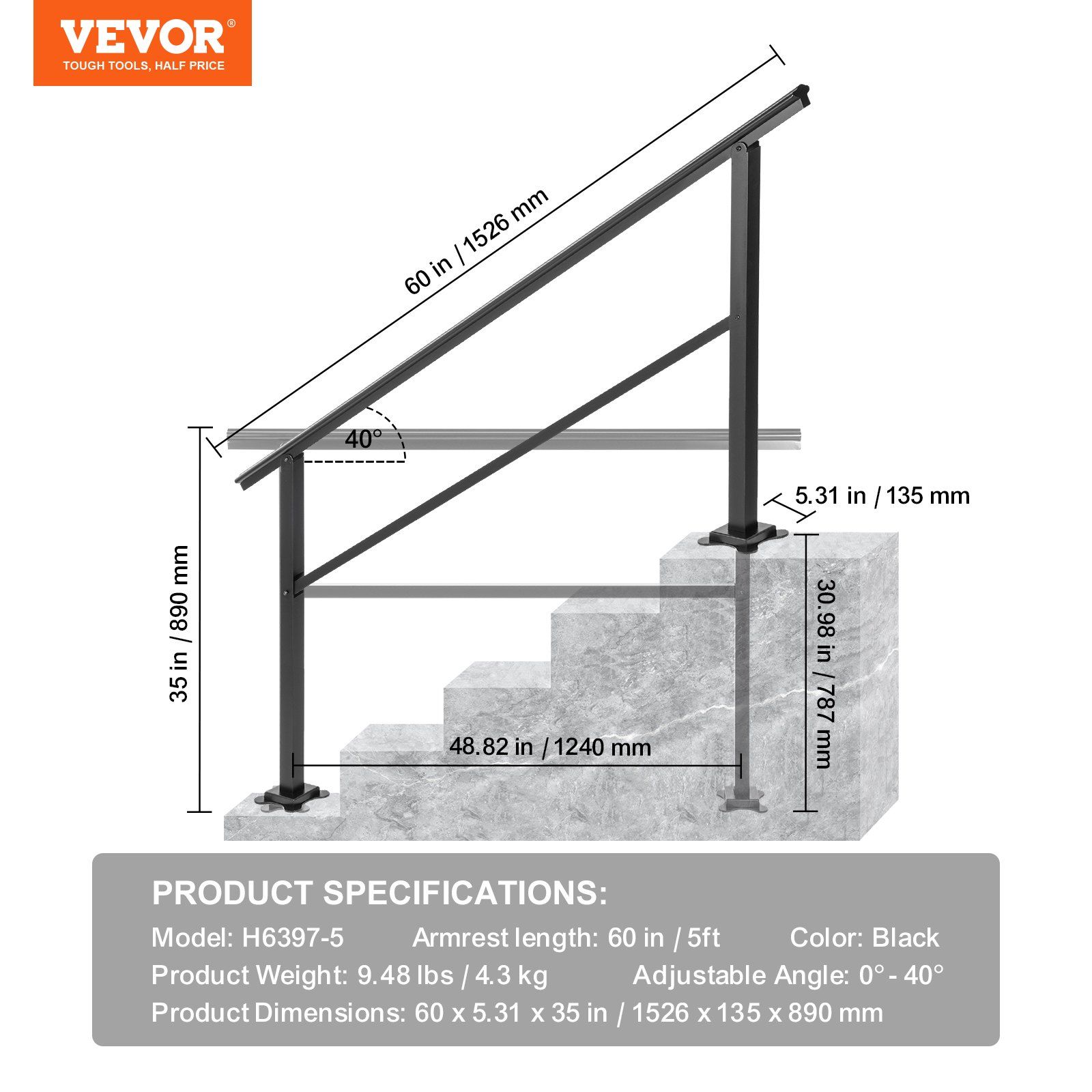 Outdoor Handrail 165LBS Load Handrail Outdoor Stairs Aluminum Stair Handrail 152 x 89.5 cm Outdoor Stair Railing Transitional Range from 0 to 30° Staircase Handrail Fits 4-5 Steps with Screw Kit - Image 7