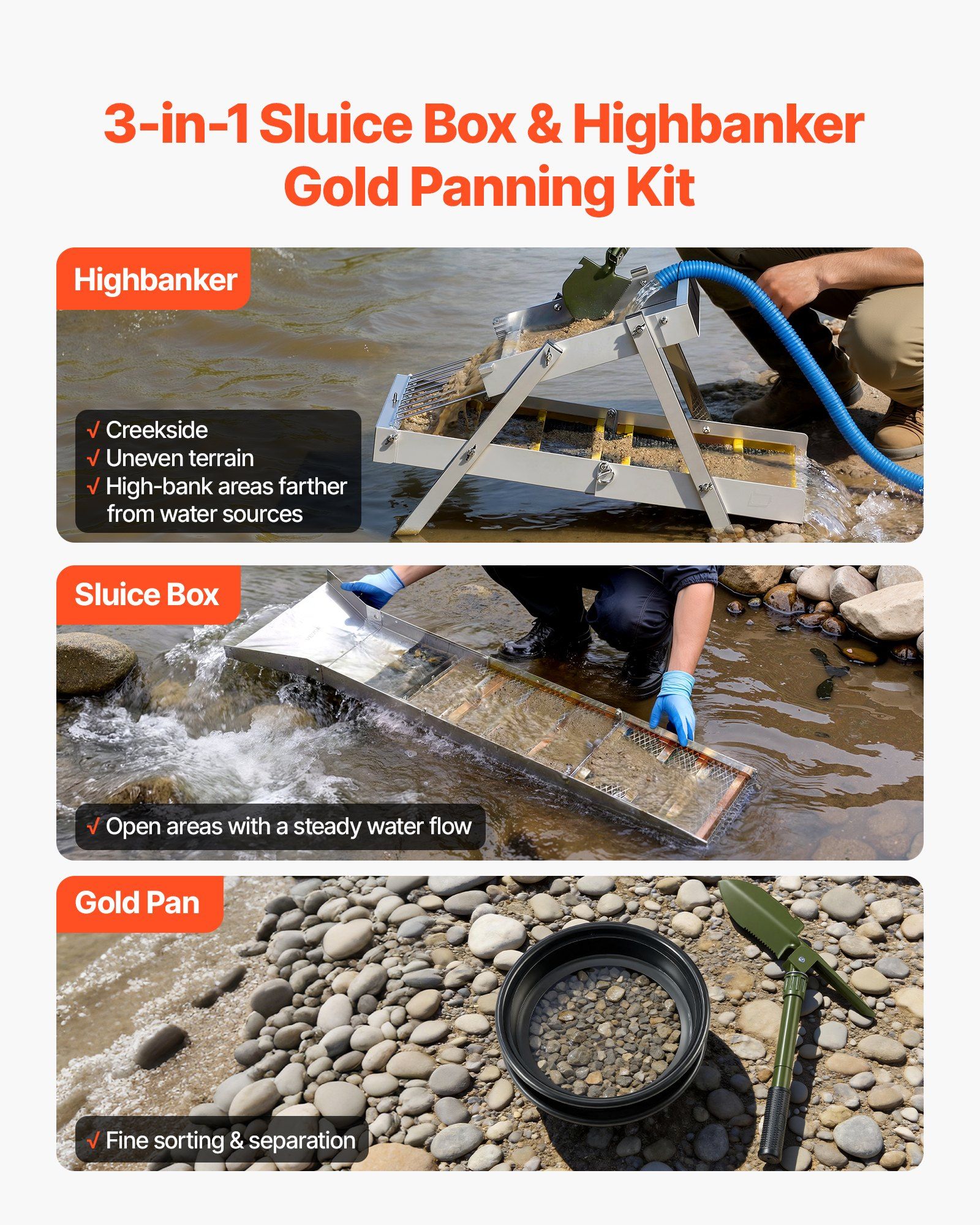 Highbanker Gold Panning Kit, 1270 mm 3-in-1 Folding High Banker Gold Sluice Box, 26 PCS Portable Mining Equipment Prospecting Kit with Gold Pans, Classifier Screen, Magnet, Backpack, Accessories - Image 2