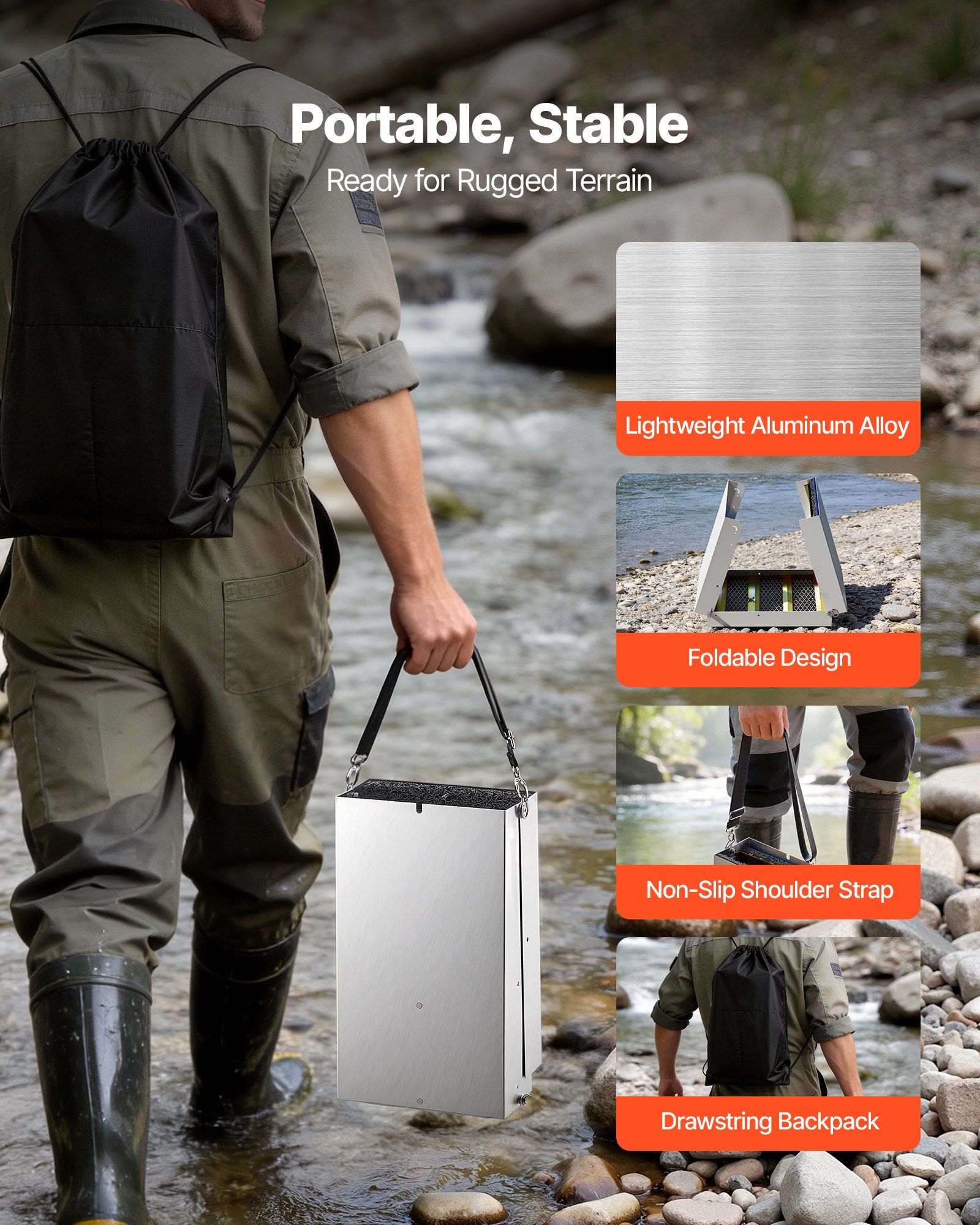 Highbanker Gold Panning Kit, 1270 mm 3-in-1 Folding High Banker Gold Sluice Box, 26 PCS Portable Mining Equipment Prospecting Kit with Gold Pans, Classifier Screen, Magnet, Backpack, Accessories - Image 4