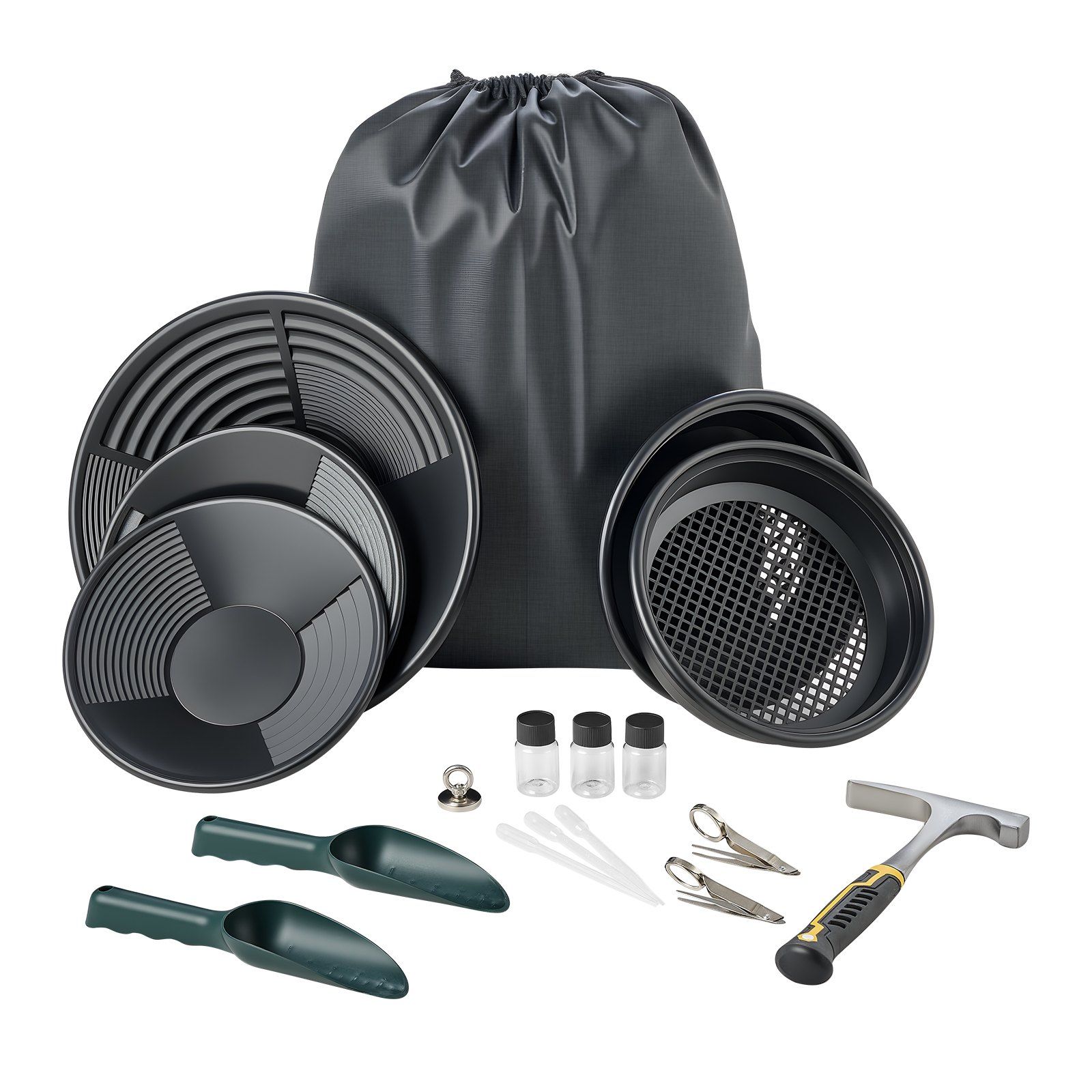 Gold Panning Kit, 254 mm and 355 mm Pans, 19 PCS Portable Prospecting Equipment Kit with Classifier Sieves, Sand Magnet, Rock Pick, Scoops, Backpack, and Accessories, for Outdoor Gold Recovery - Image 1