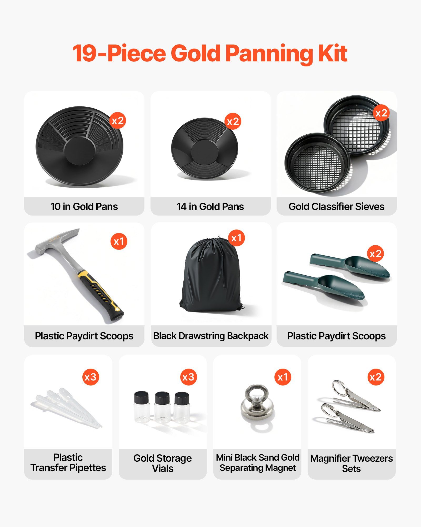 Gold Panning Kit, 254 mm and 355 mm Pans, 19 PCS Portable Prospecting Equipment Kit with Classifier Sieves, Sand Magnet, Rock Pick, Scoops, Backpack, and Accessories, for Outdoor Gold Recovery - Image 2