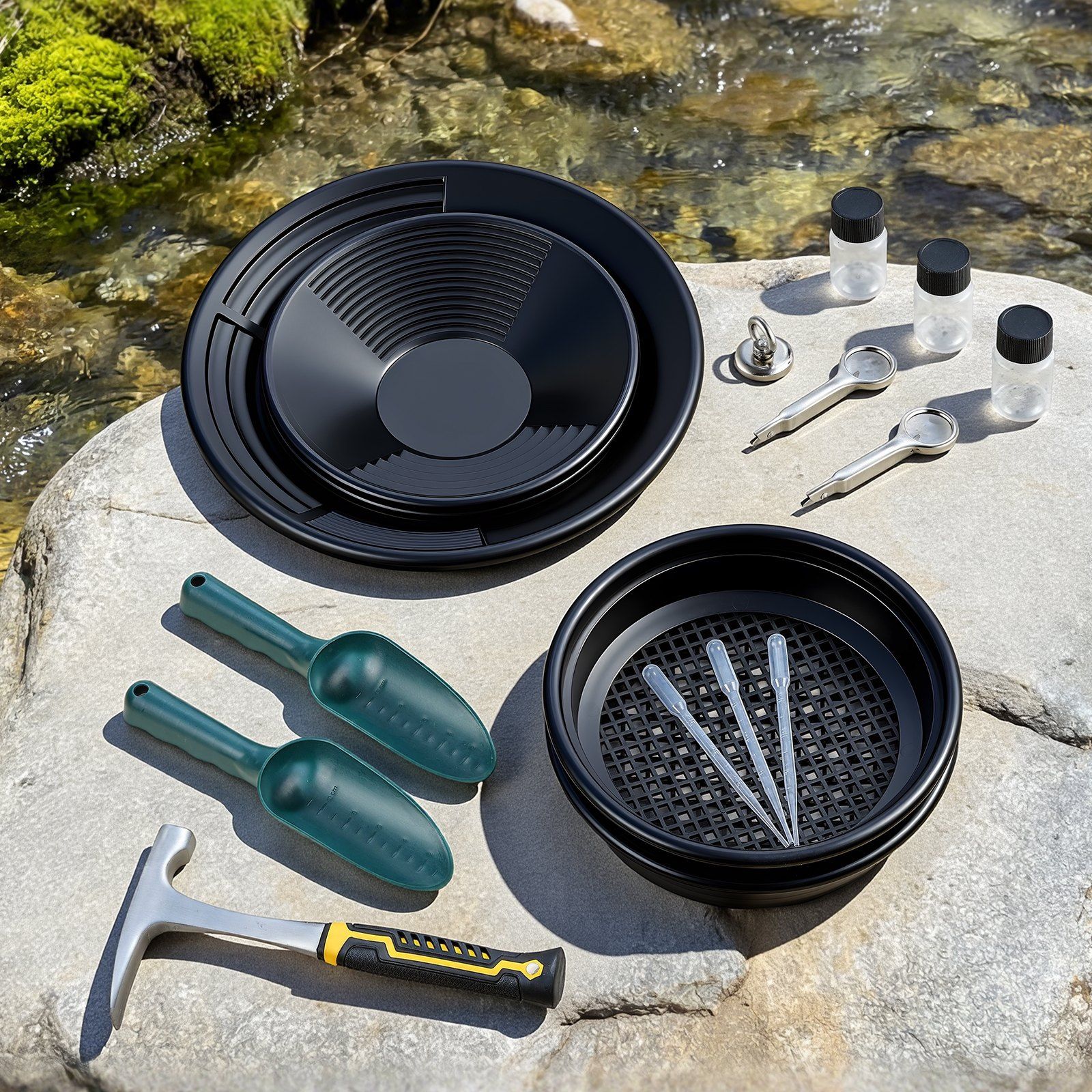 Gold Panning Kit, 254 mm and 355 mm Pans, 19 PCS Portable Prospecting Equipment Kit with Classifier Sieves, Sand Magnet, Rock Pick, Scoops, Backpack, and Accessories, for Outdoor Gold Recovery - Image 8