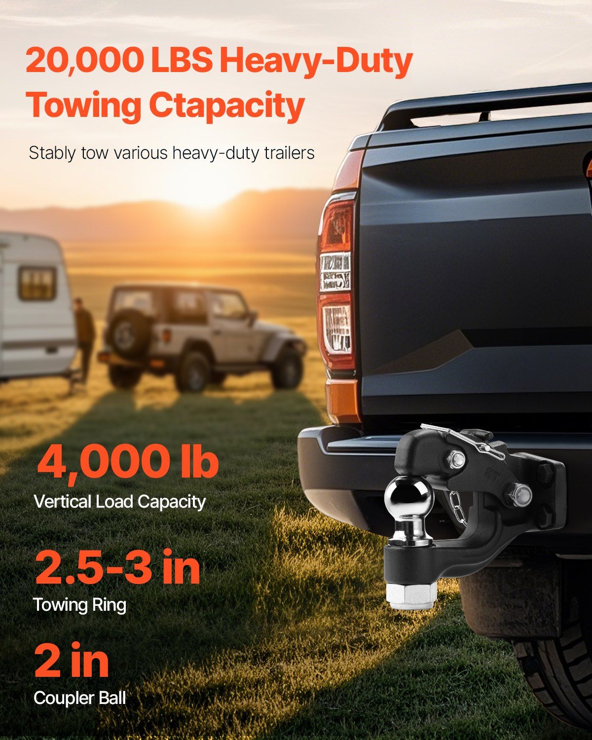 Pintle Hook, 9070 kg Towing Capacity, Trailer Hitches Receiver Hook Combination 50.4 mm Hitch Ball, Fits for 63.5 to 76.2 mm Lunette Ring with Mounting Kit, Wear-resistant, Black Powder Coat - Image 2