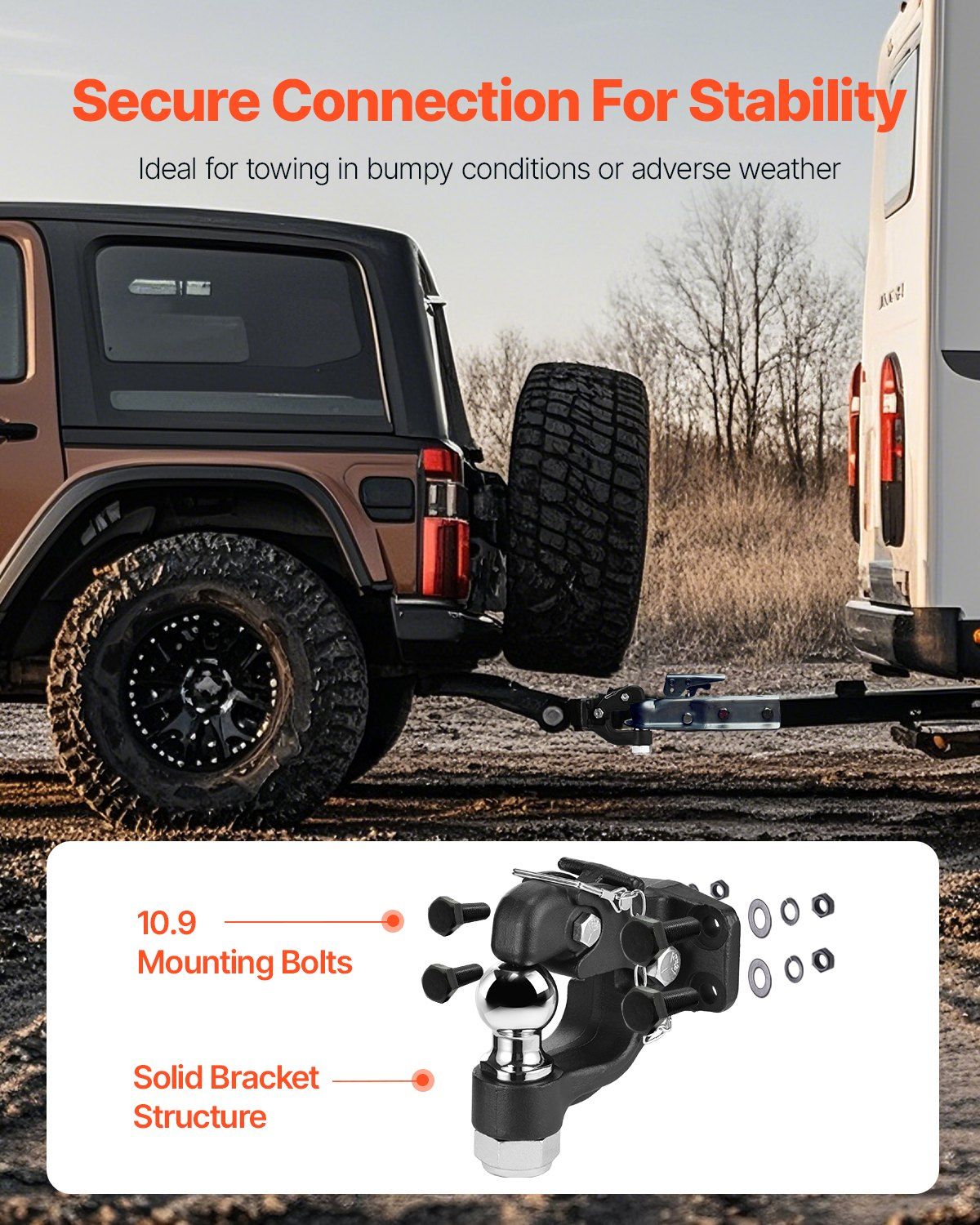 Pintle Hook, 9070 kg Towing Capacity, Trailer Hitches Receiver Hook Combination 50.4 mm Hitch Ball, Fits for 63.5 to 76.2 mm Lunette Ring with Mounting Kit, Wear-resistant, Black Powder Coat - Image 3