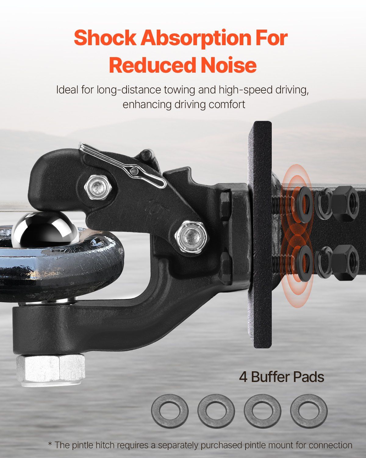Pintle Hook, 9070 kg Towing Capacity, Trailer Hitches Receiver Hook Combination 50.4 mm Hitch Ball, Fits for 63.5 to 76.2 mm Lunette Ring with Mounting Kit, Wear-resistant, Black Powder Coat - Image 6
