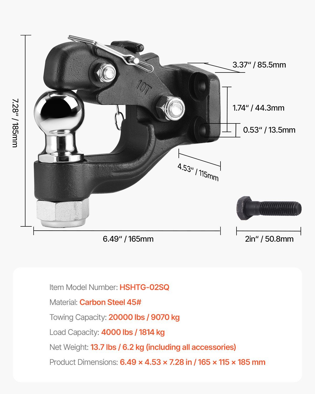 Pintle Hook, 9070 kg Towing Capacity, Trailer Hitches Receiver Hook Combination 50.4 mm Hitch Ball, Fits for 63.5 to 76.2 mm Lunette Ring with Mounting Kit, Wear-resistant, Black Powder Coat - Image 7