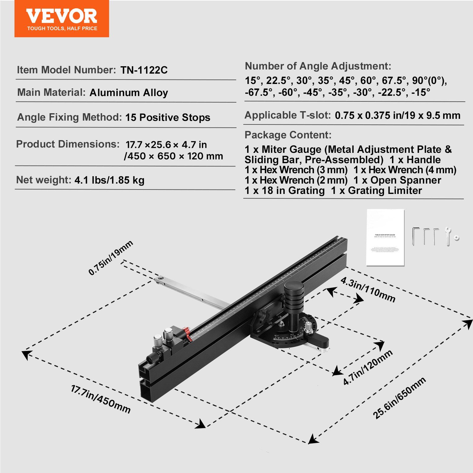 Precision Miter Gauge, Standard Slot 19 x 9.5 mm, Aluminum Alloy Table Saw Miter Gauge with 61 cm Grating 15 Angle Stops Adjustable Spring Loaded Plunger and Removable Disc, for Woodworking - Image 7