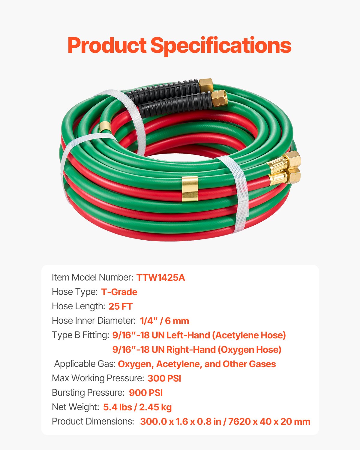 Oxygen Acetylene Hose, 1/4-Inch x 25FT Oxy Acetylene Hose with 9/16