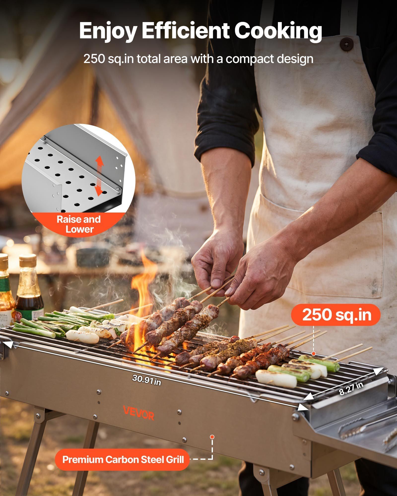 Foldable Charcoal Grill, 0.16 m² Portable Charcoal Barbecue Grill with Liftable Charcoal Tray & Side Tables, Brushed Stainless Steel BBQ Cooking Grills for Outdoor Camping Backyard Parties - Image 2