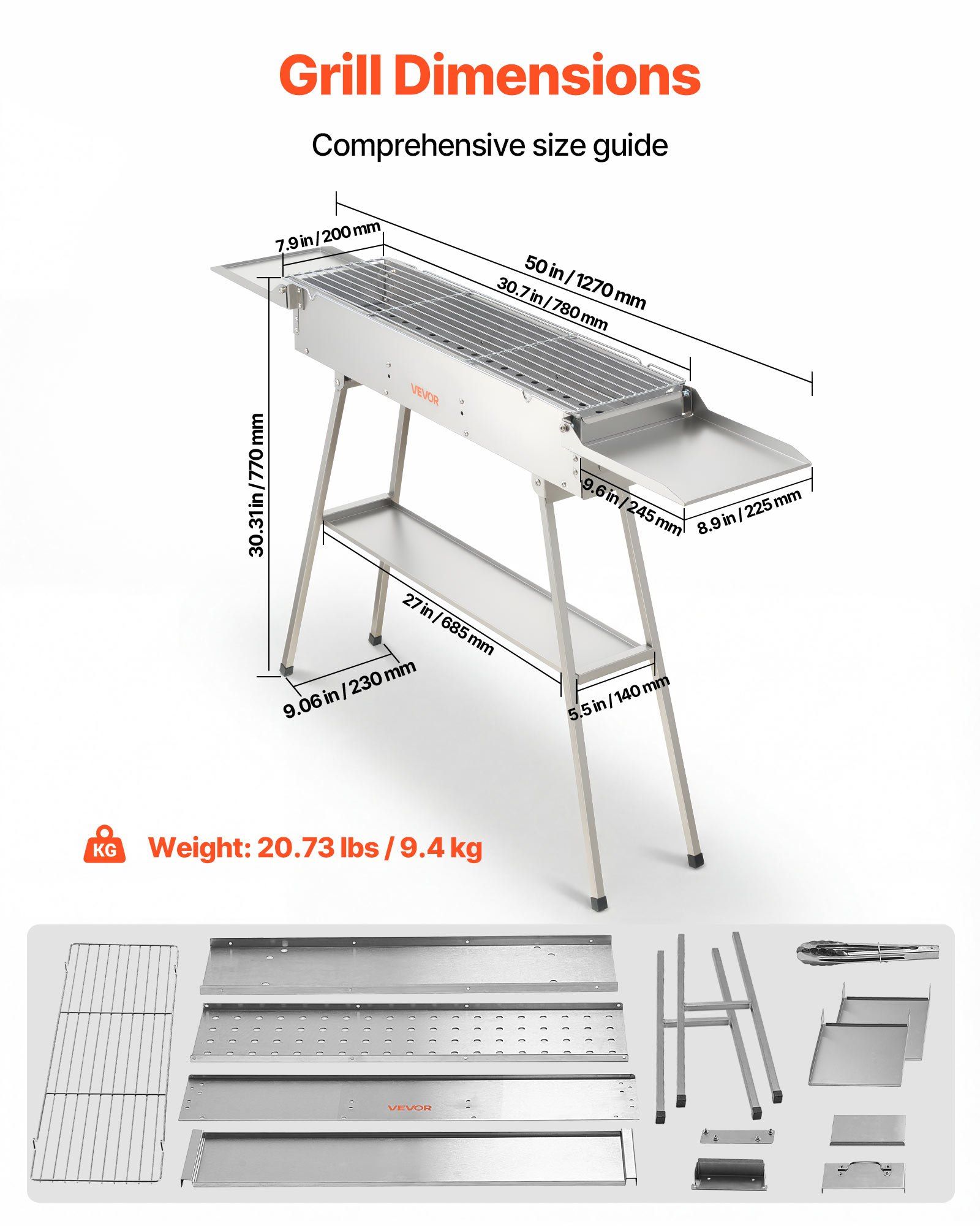 Foldable Charcoal Grill, 0.16 m² Portable Charcoal Barbecue Grill with Liftable Charcoal Tray & Side Tables, Brushed Stainless Steel BBQ Cooking Grills for Outdoor Camping Backyard Parties - Image 3