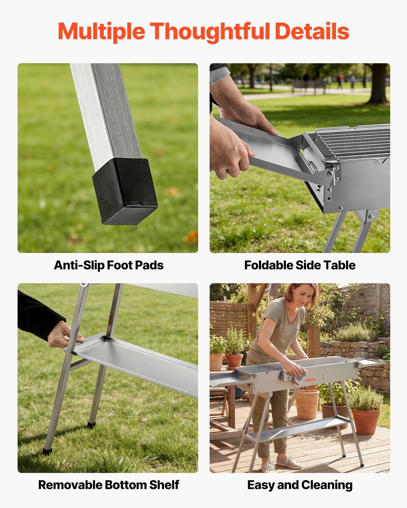Foldable Charcoal Grill, 0.16 m² Portable Charcoal Barbecue Grill with Liftable Charcoal Tray & Side Tables, Brushed Stainless Steel BBQ Cooking Grills for Outdoor Camping Backyard Parties - Image 5