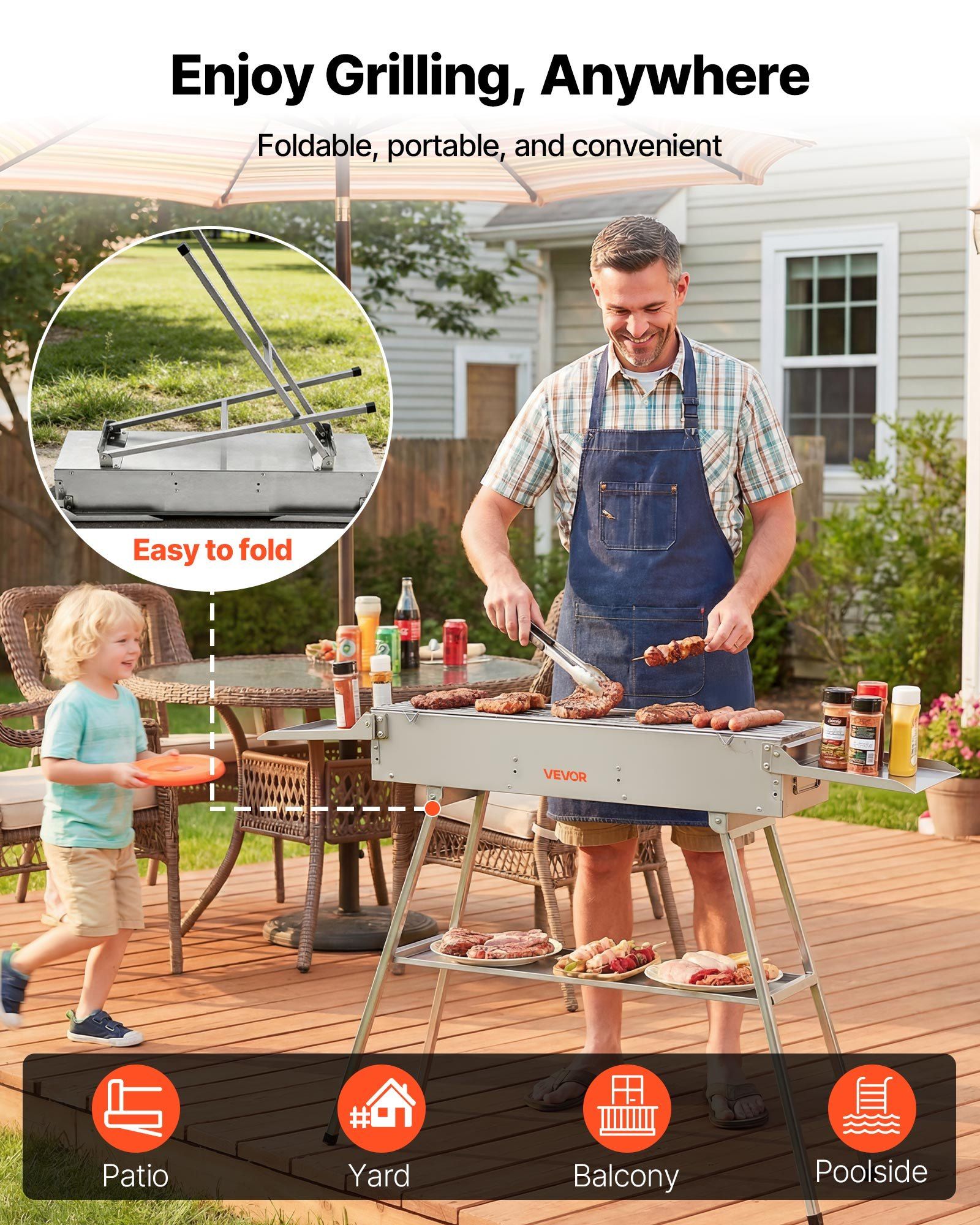 Foldable Charcoal Grill, 0.16 m² Portable Charcoal Barbecue Grill with Liftable Charcoal Tray & Side Tables, Brushed Stainless Steel BBQ Cooking Grills for Outdoor Camping Backyard Parties - Image 6