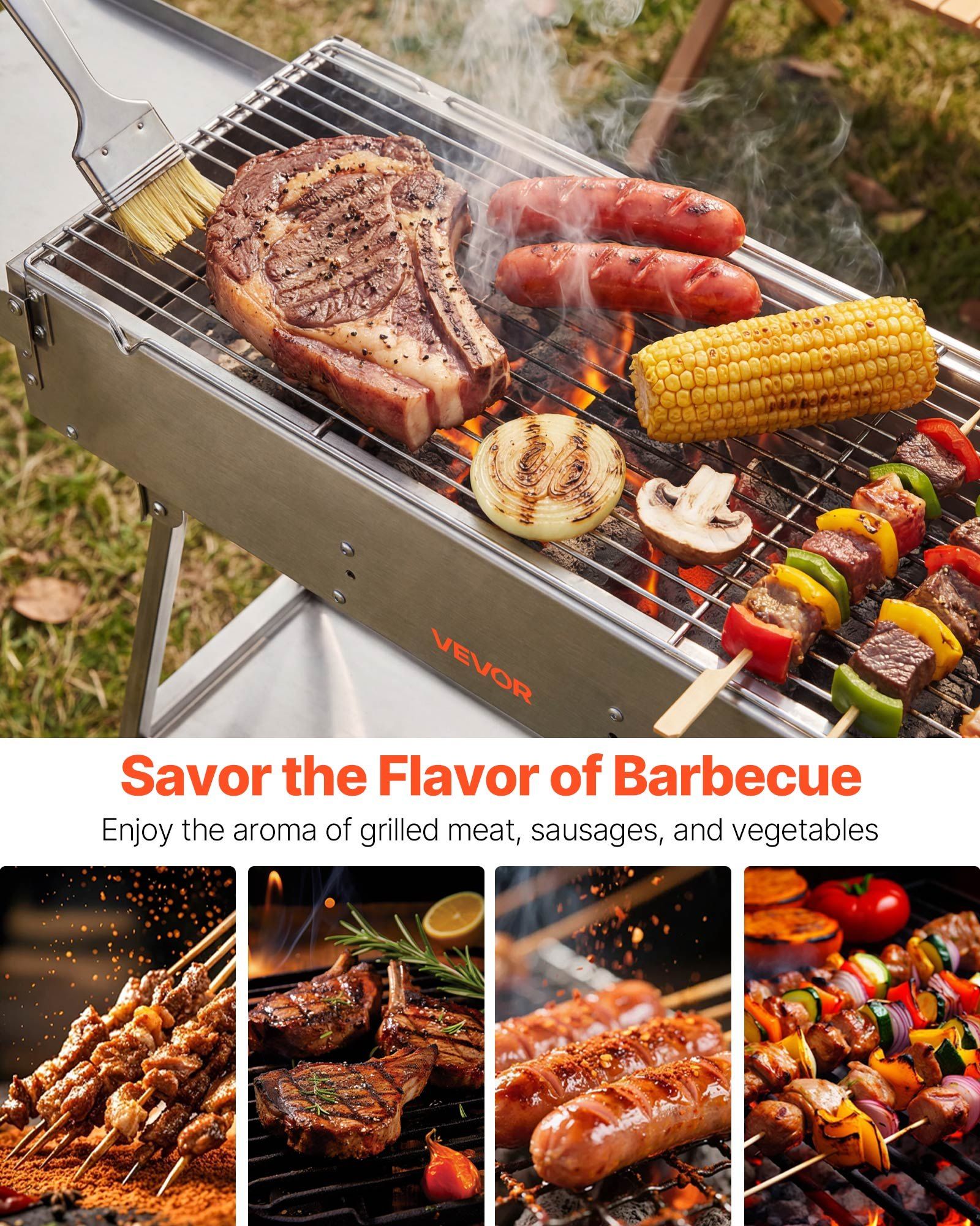 Foldable Charcoal Grill, 0.16 m² Portable Charcoal Barbecue Grill with Liftable Charcoal Tray & Side Tables, Brushed Stainless Steel BBQ Cooking Grills for Outdoor Camping Backyard Parties - Image 7