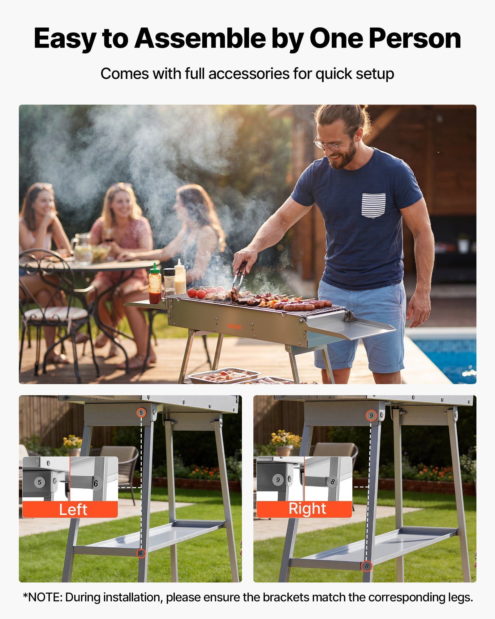 Foldable Charcoal Grill, 0.16 m² Portable Charcoal Barbecue Grill with Liftable Charcoal Tray & Side Tables, Brushed Stainless Steel BBQ Cooking Grills for Outdoor Camping Backyard Parties - Image 8